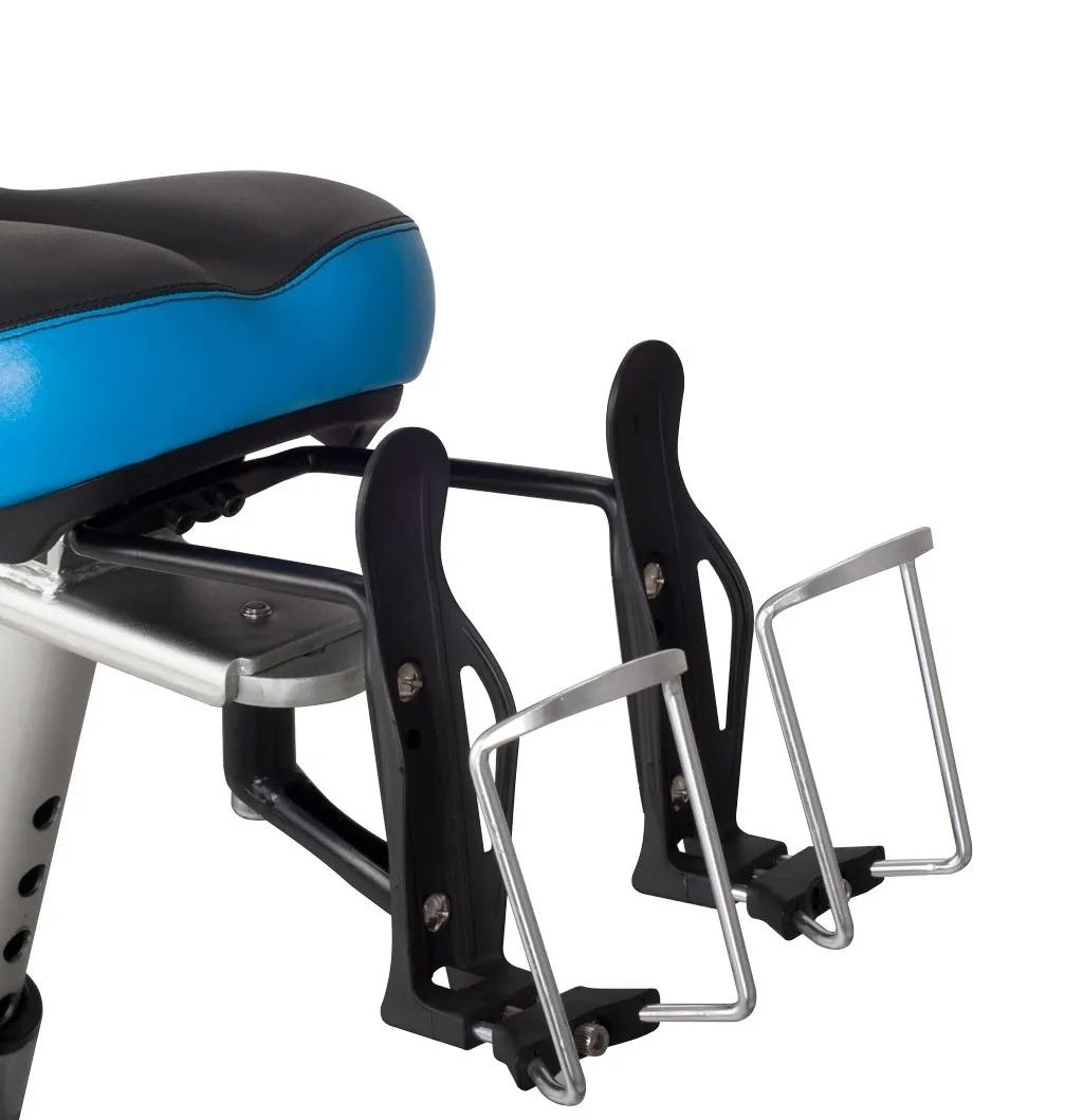 A bicycle seat with a black and blue seat and two bottle holders.