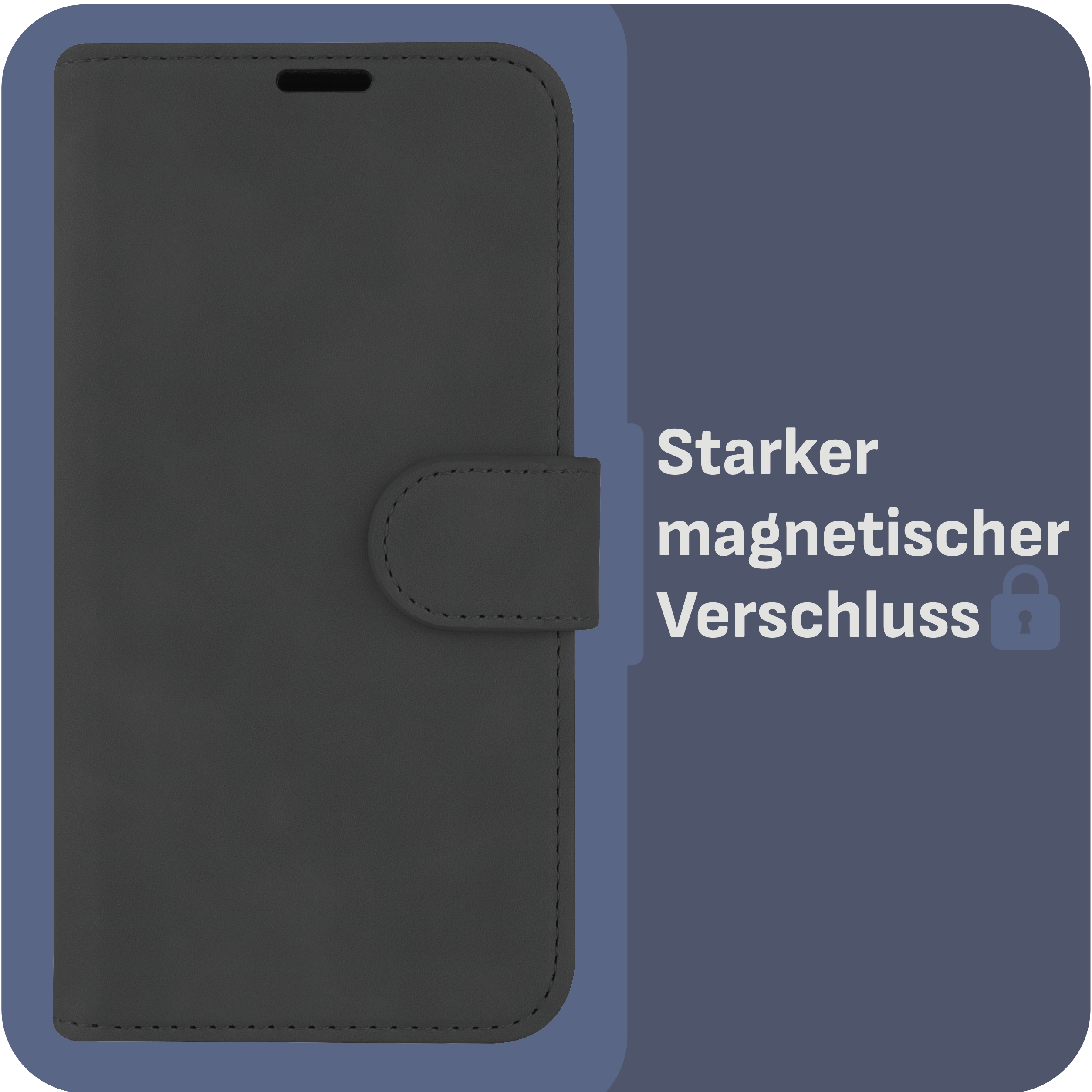 Schwarze Handyhülle mit dunkelgrauer Vorderseite und Magnetverschluss. Text: Starker Magnetverschluss.