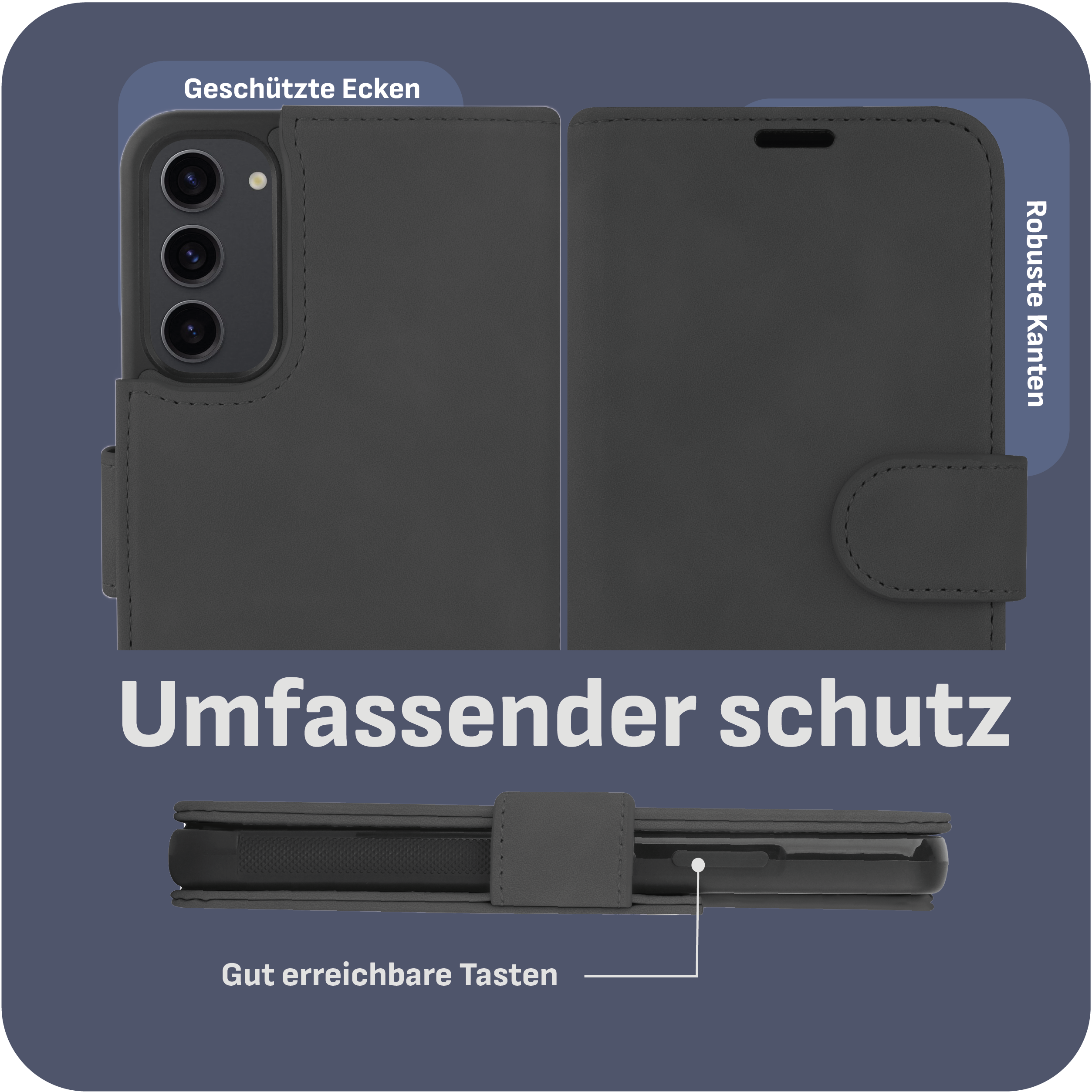 Dunkelgraue Handyhülle mit abgerundeten Ecken. Text: Umfassender Schutz, geschützte Ecken, robuste Kanten.