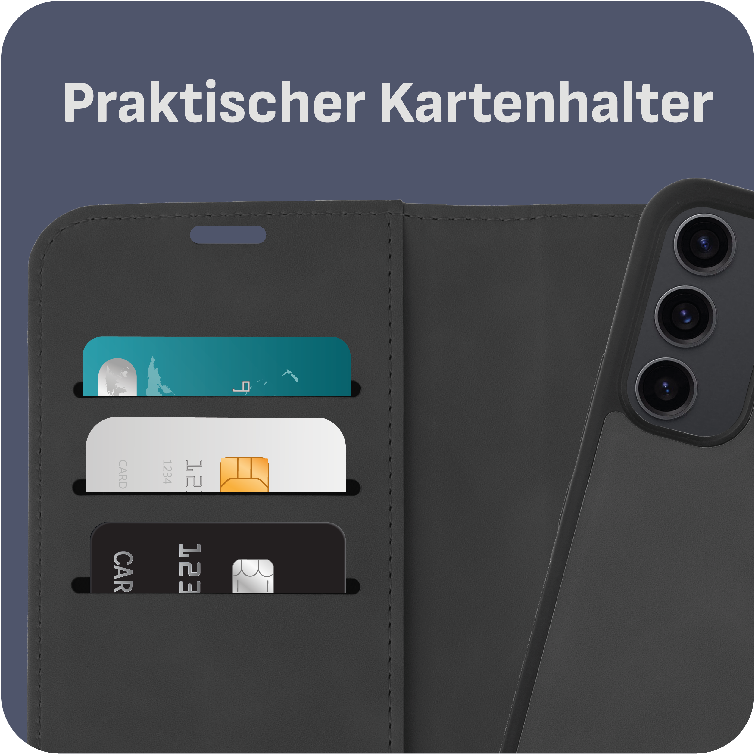 Schwarze Handyhülle mit Kartenfächern und einem Telefon darin. Drei Karten sind sichtbar.