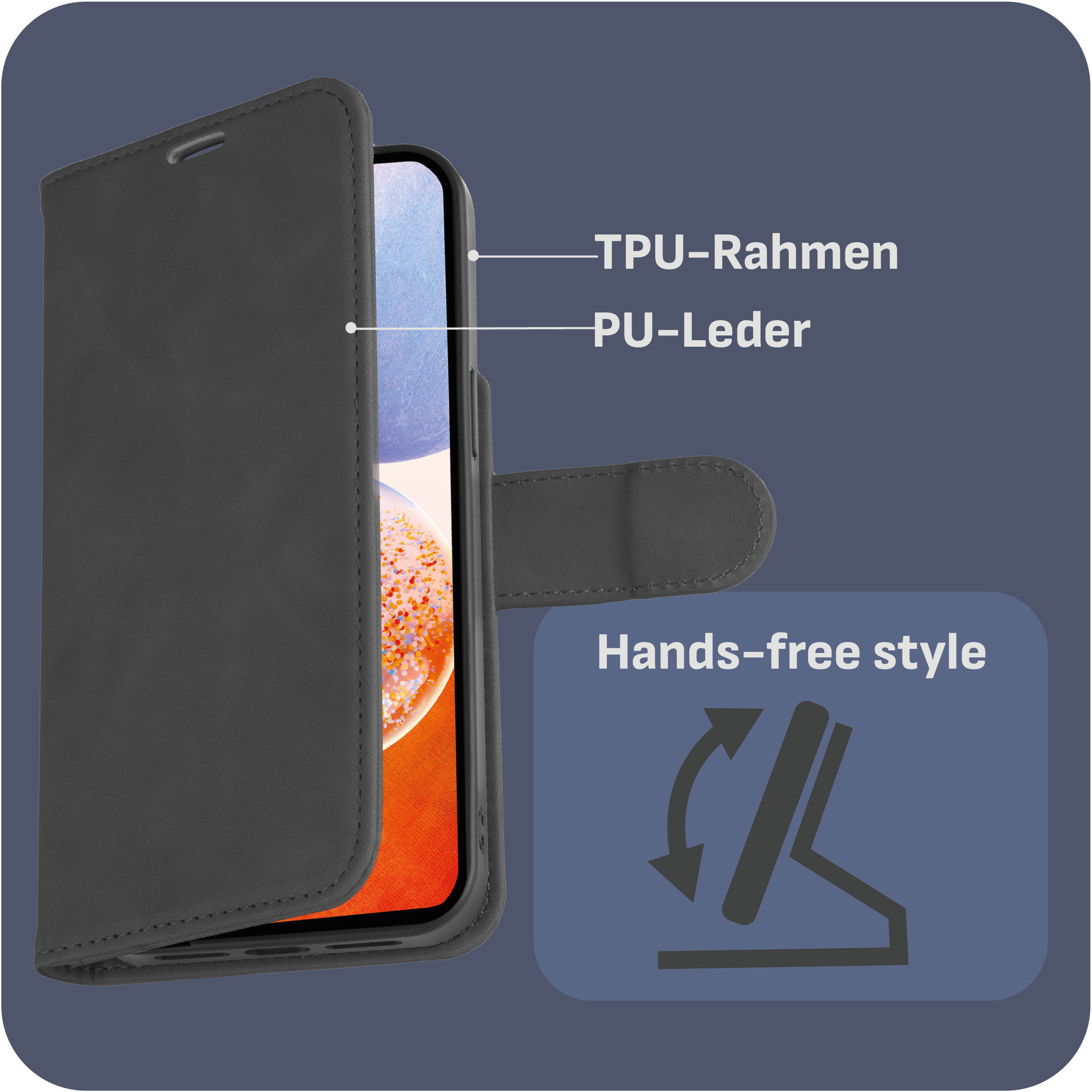 Eine schwarze Handyhülle ist geöffnet, zeigt ein Telefon. Text: TPU-Rahmen, PU-Leder.