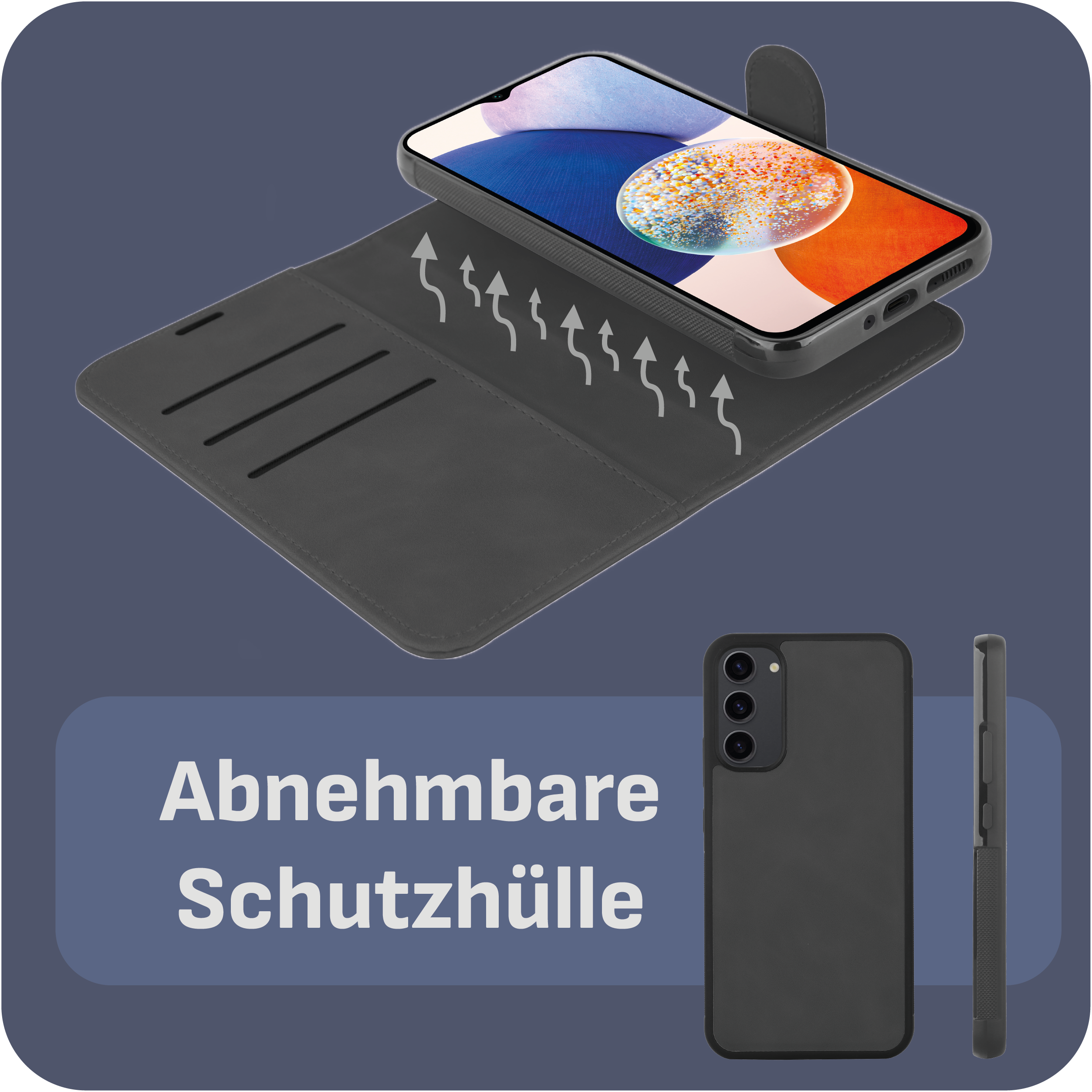 Eine Handyhülle mit Telefon und eine schwarze Hülle. Die Hülle hat Pfeile aufgedruckt.