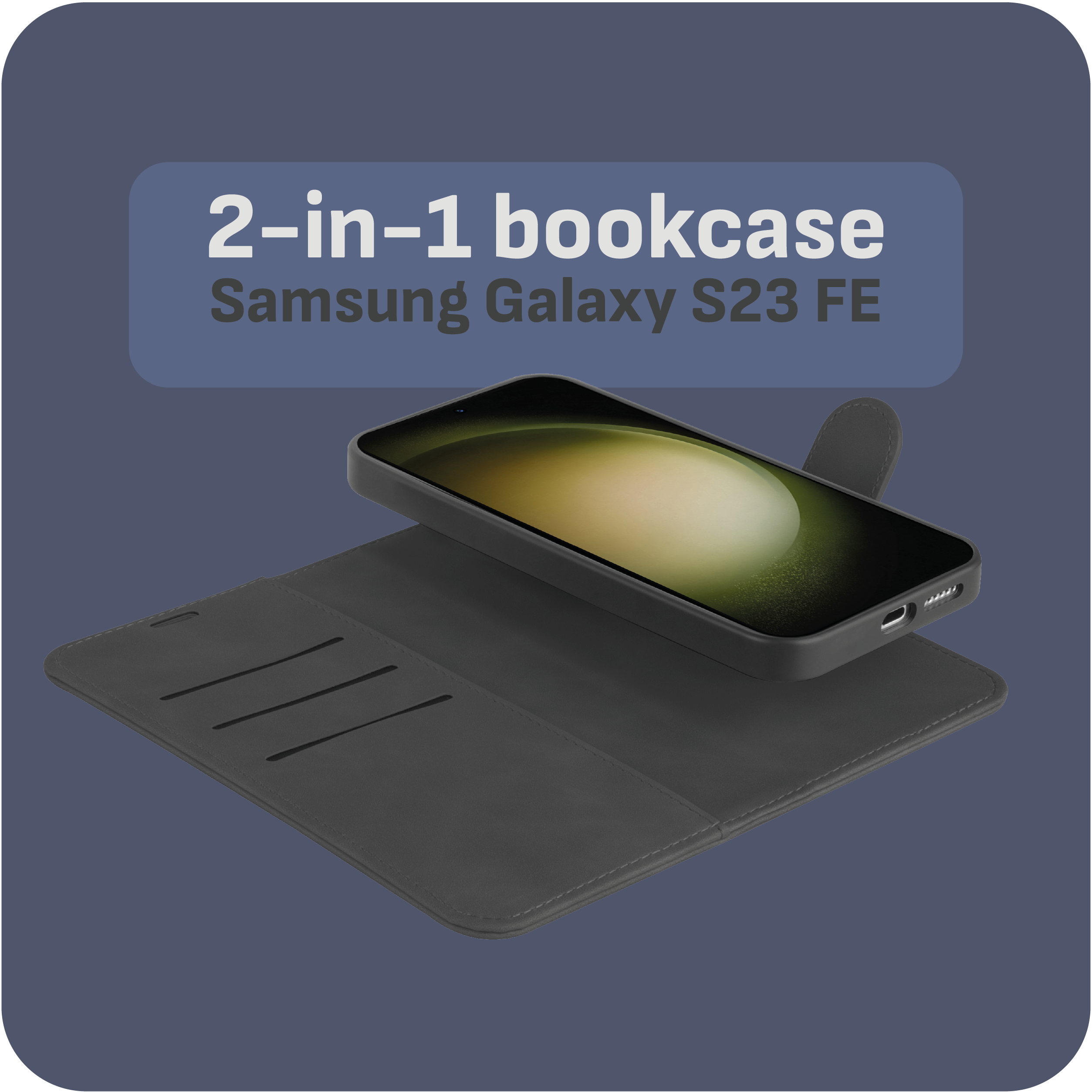 Schwarze Handyhülle mit Telefon darin, geöffnet auf blauem Hintergrund. Text: 2-in-1-Bücherregal Samsung Galaxy S23 FE.
