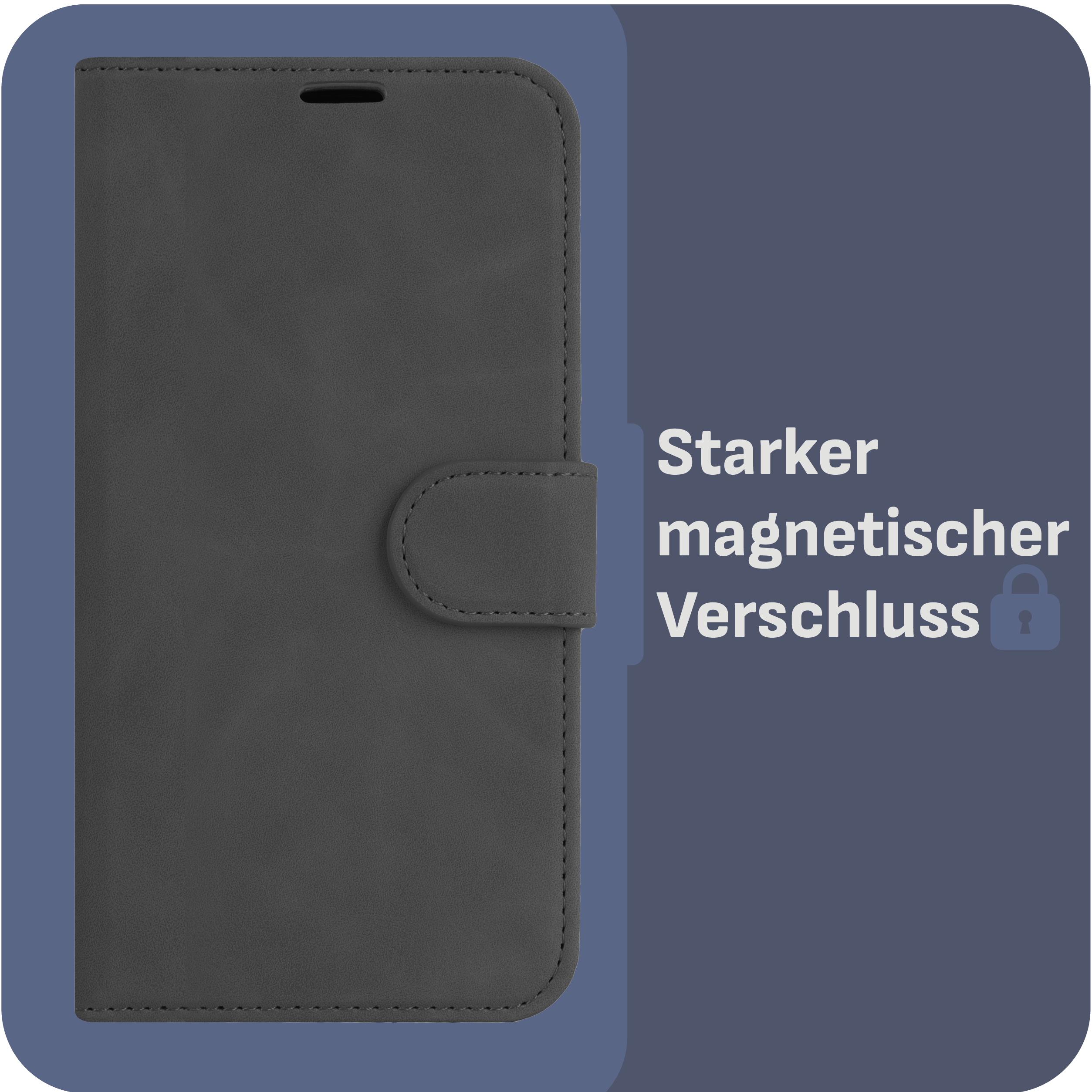 Dunkelgraue Handyhülle mit Magnetverschluss. Text auf Deutsch: Starker Magnetverschluss.