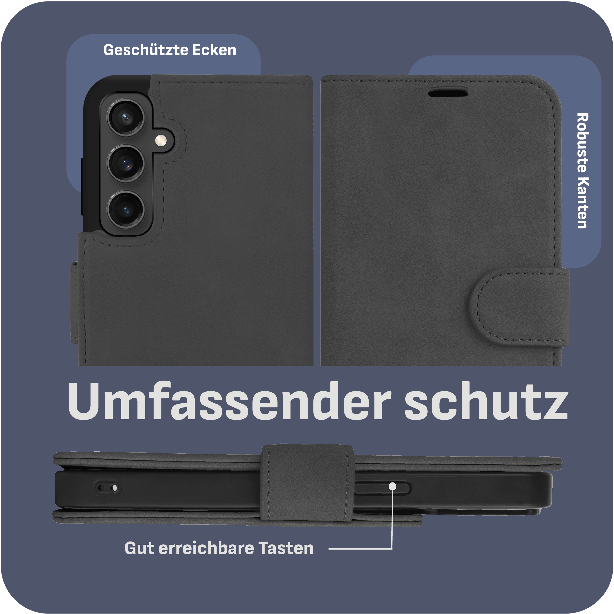 Eine geöffnete dunkelgraue Handyhülle, die das Innere mit einem Telefon und einem Knopf zeigt.