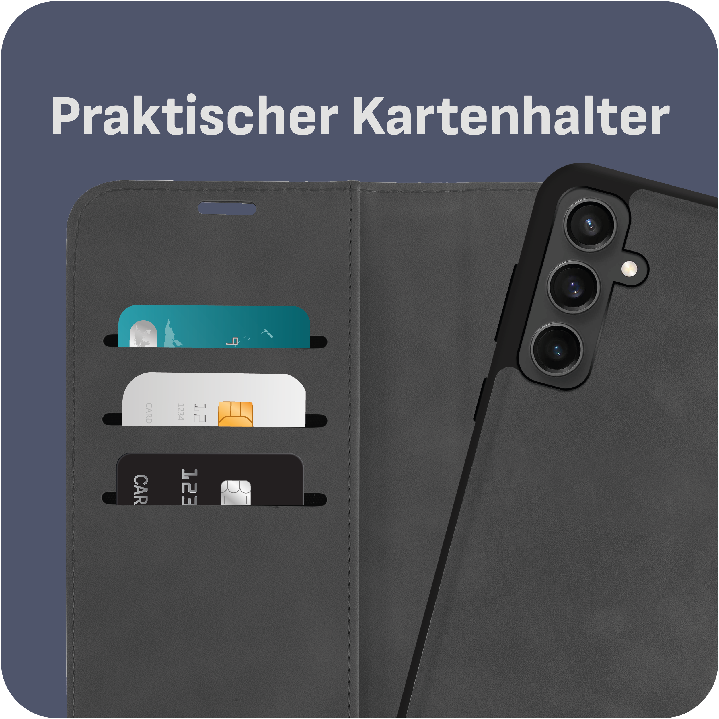 Handyhülle mit Kartenfächern. Drei Karten sind in den Fächern auf der Innenseite sichtbar.