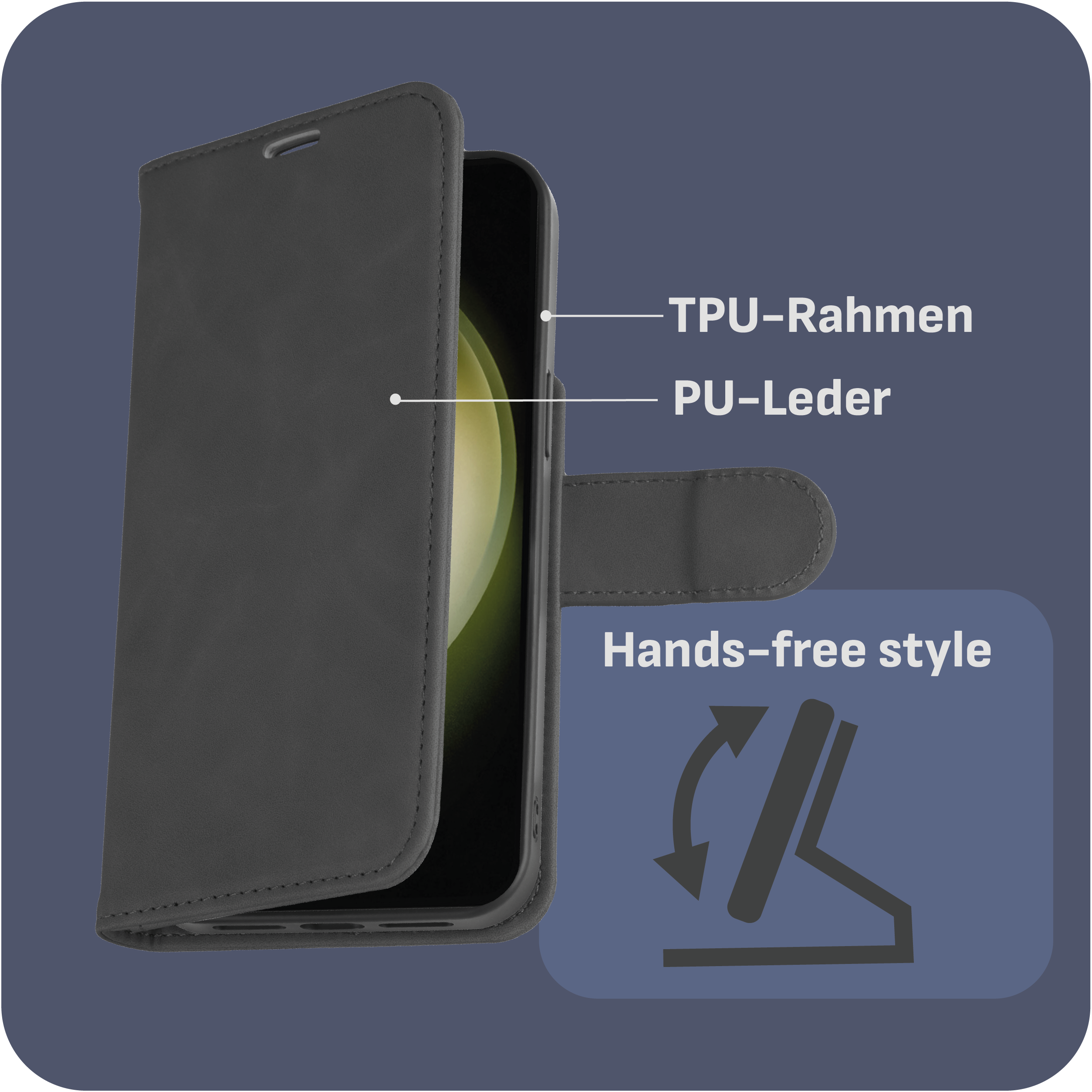 Schwarze Handyhülle mit geöffneter Abdeckung. Sie zeigt ein Telefon im Inneren und Text über TPU-Rahmen und PU-Leder.