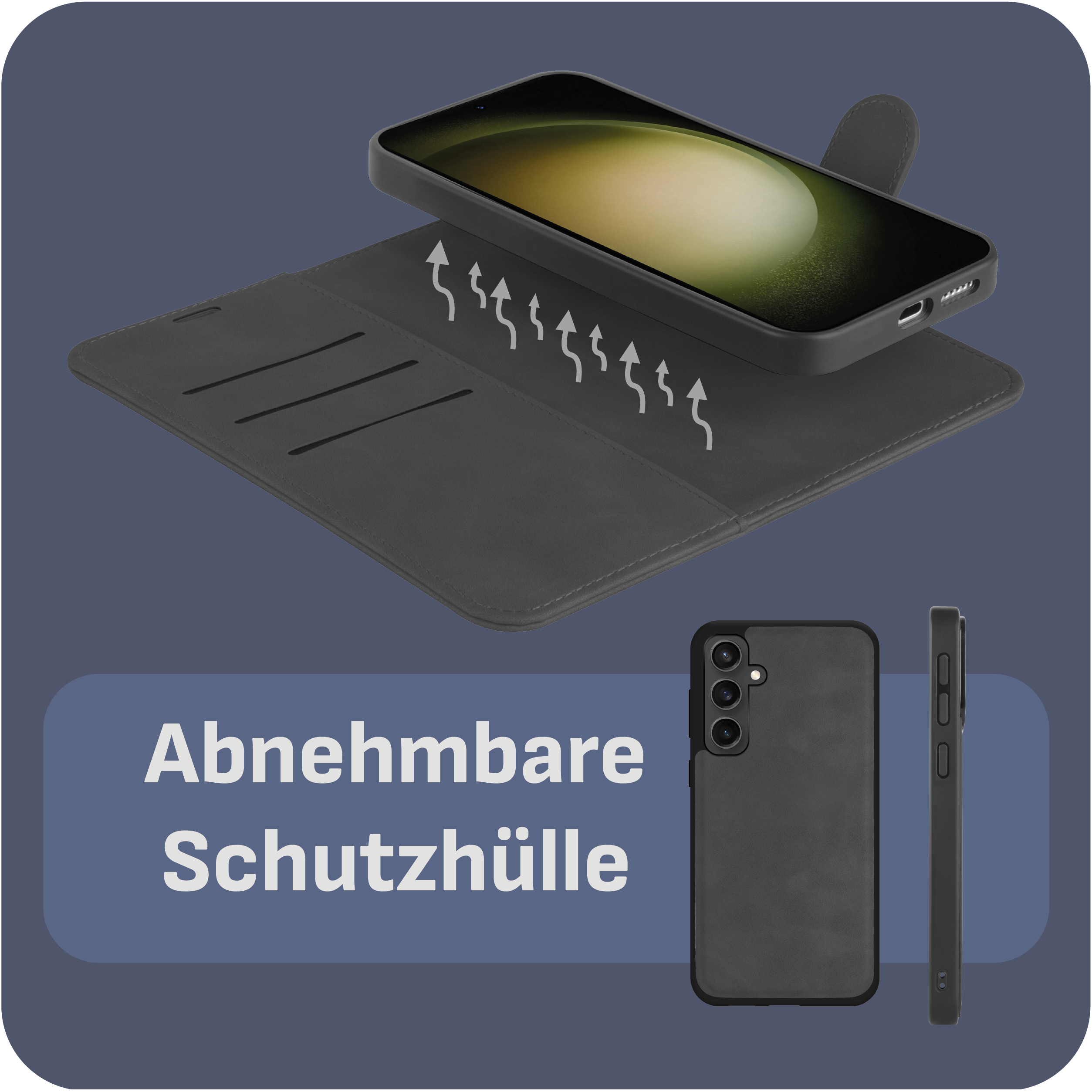 Handyhülle mit Telefon und Pfeilen nach oben, grauer Hintergrund.