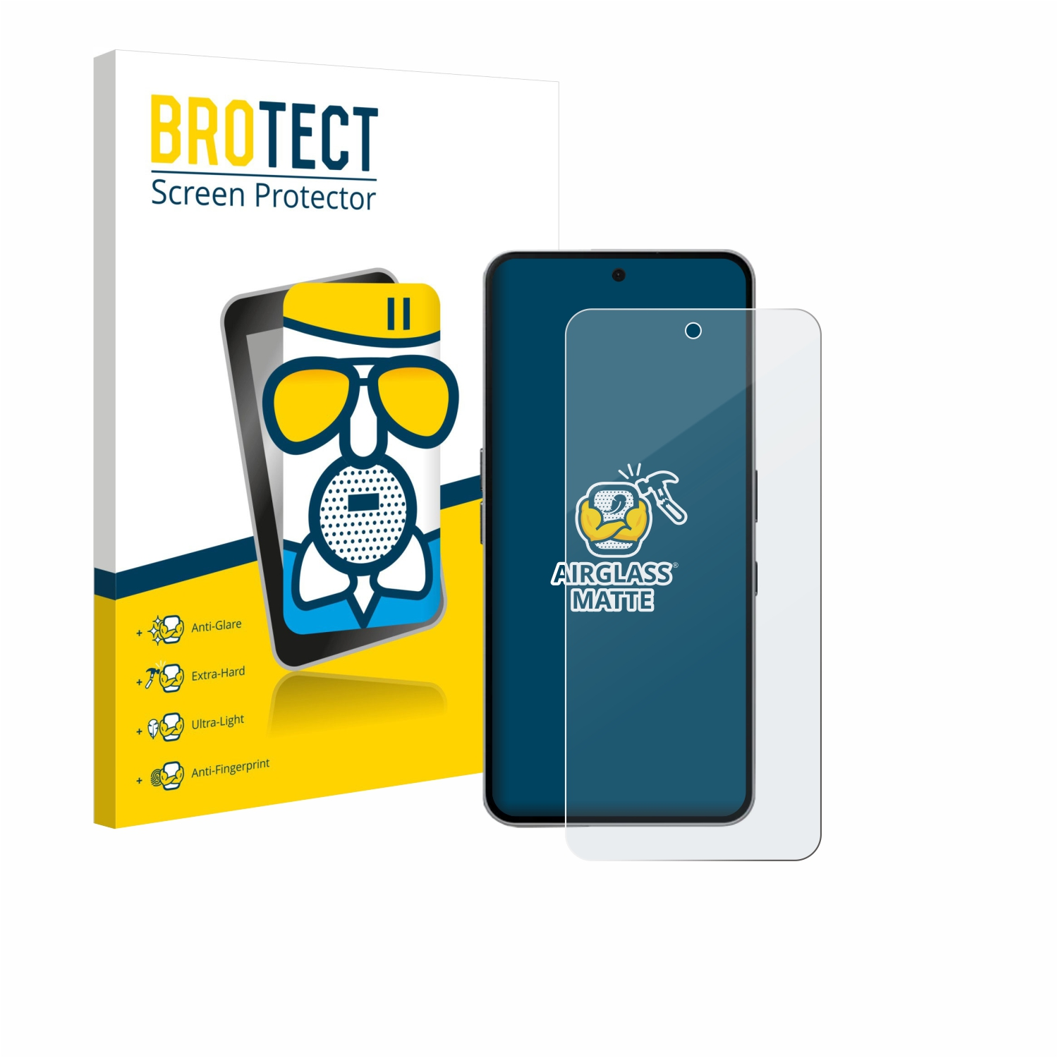 Smartphone-Displayschutz mit Box. Box hat einen Cartoon und die Worte 'Screen Protector'.