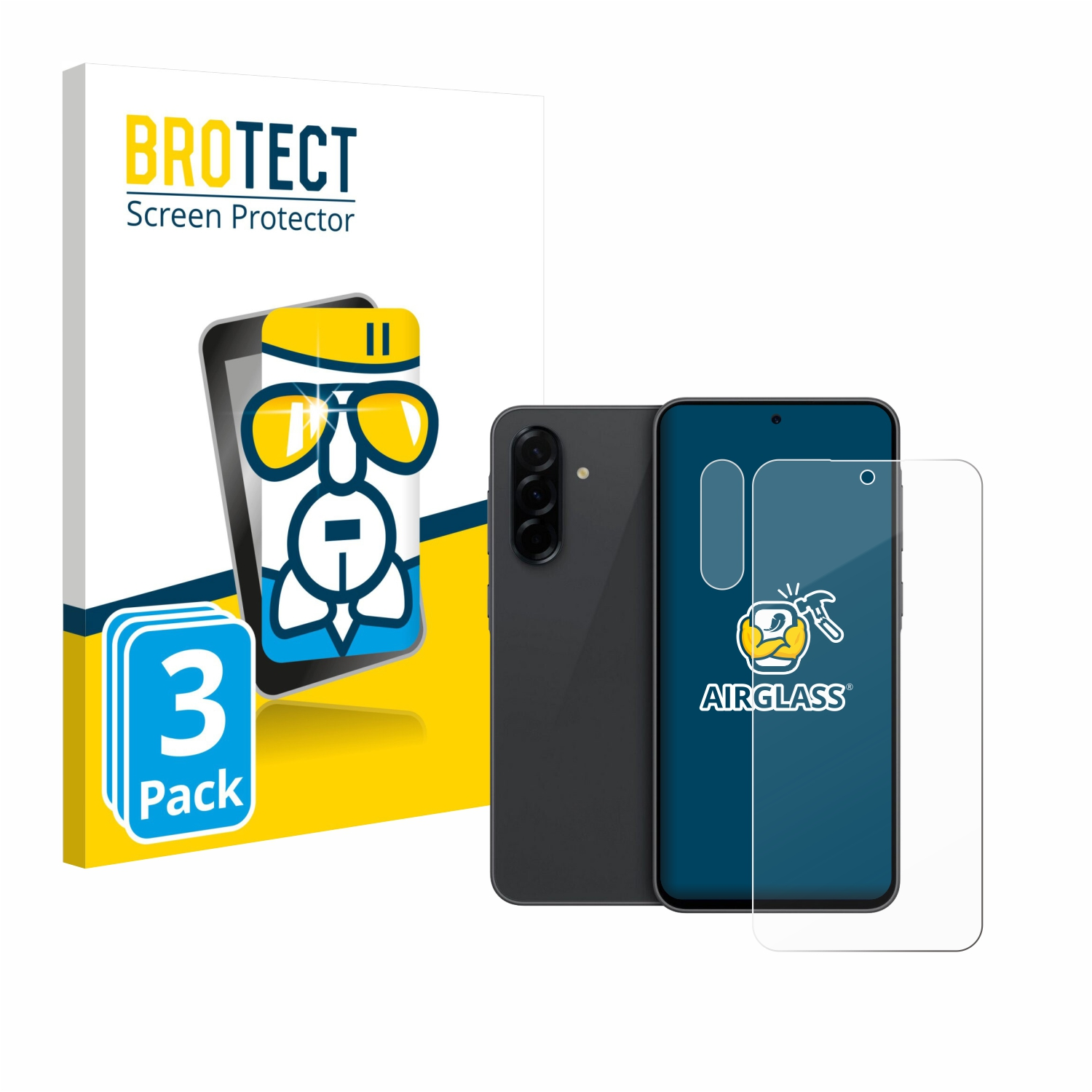 Brotect Displayschutzfolienbox, Telefon und Displayschutzfolie. Das Telefon ist schwarz.