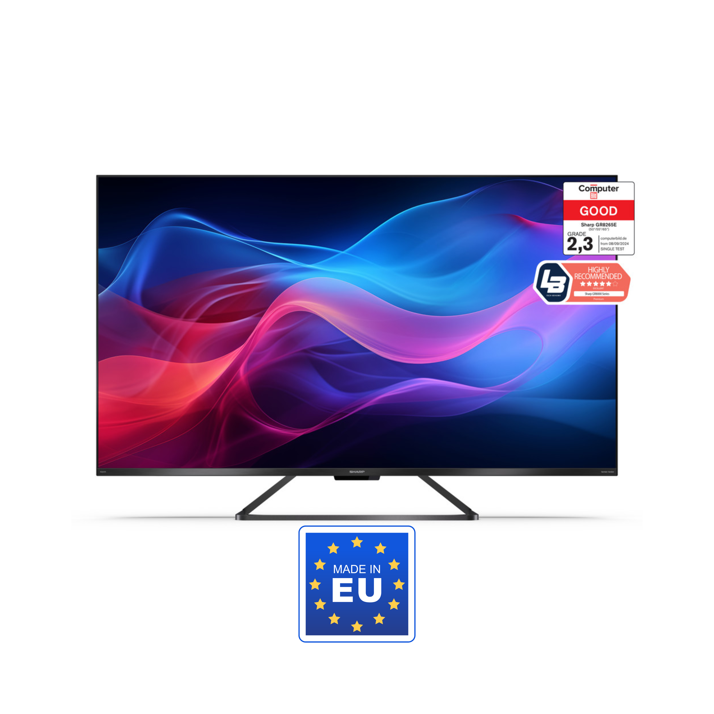 Un grand écran de télévision moderne avec un design coloré, un logo et un autocollant de classement énergétique UE.