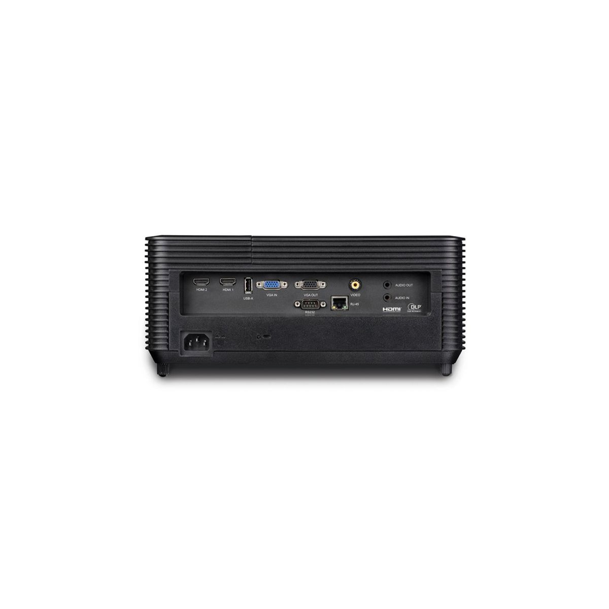 Retroproiettore nero con porte su sfondo bianco.