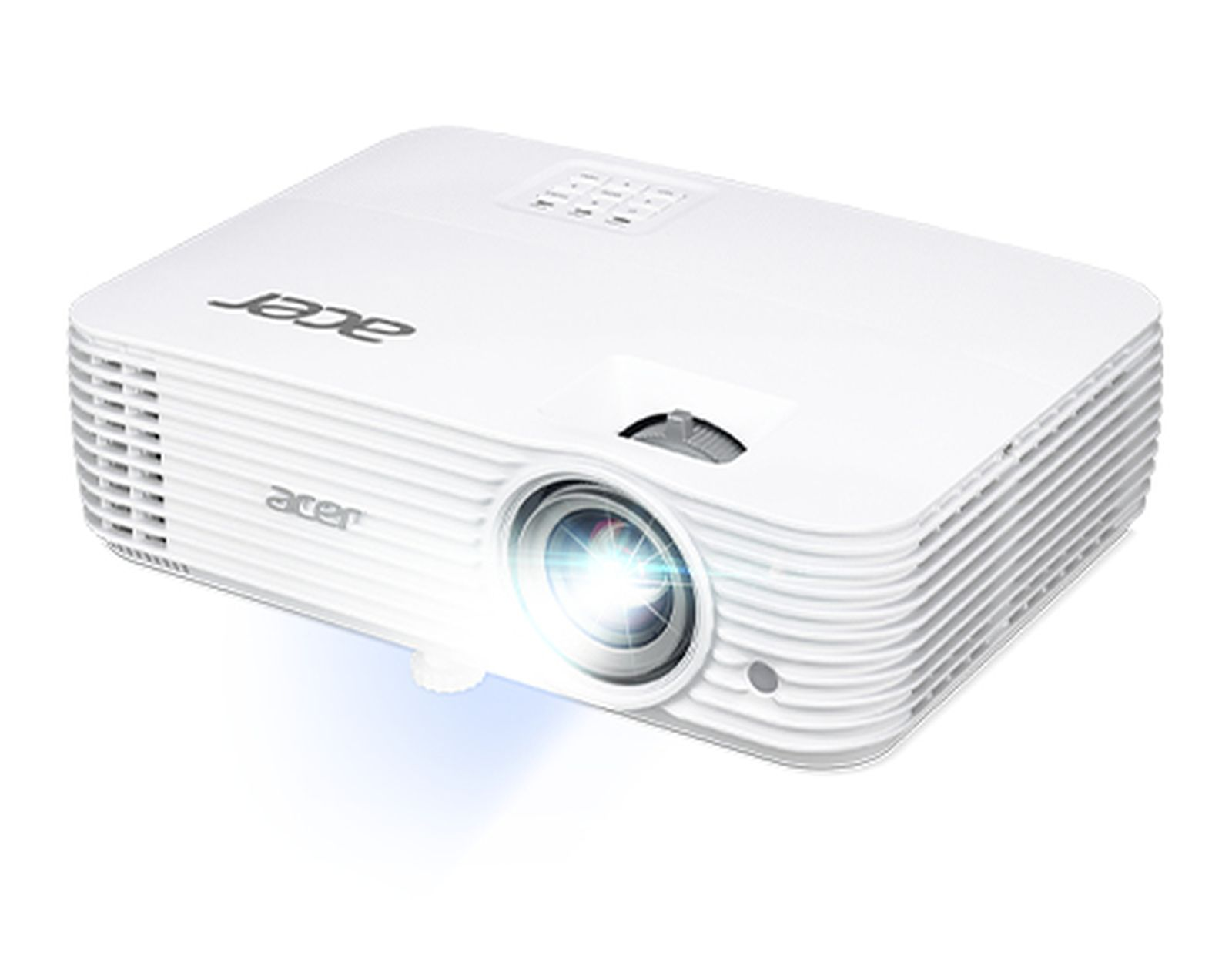 Proiettore Acer bianco con fascio di luce brillante, su sfondo bianco. Il logo Acer è visibile.