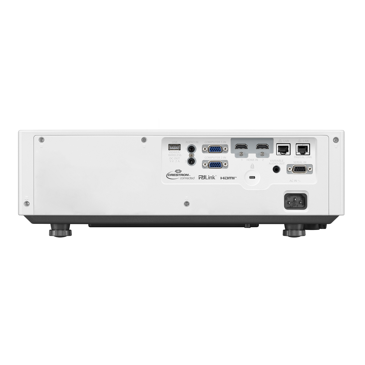 Rückseite eines weißen Projektors mit Anschlüssen, darunter HDMI und USB, und Schraubfüßen.