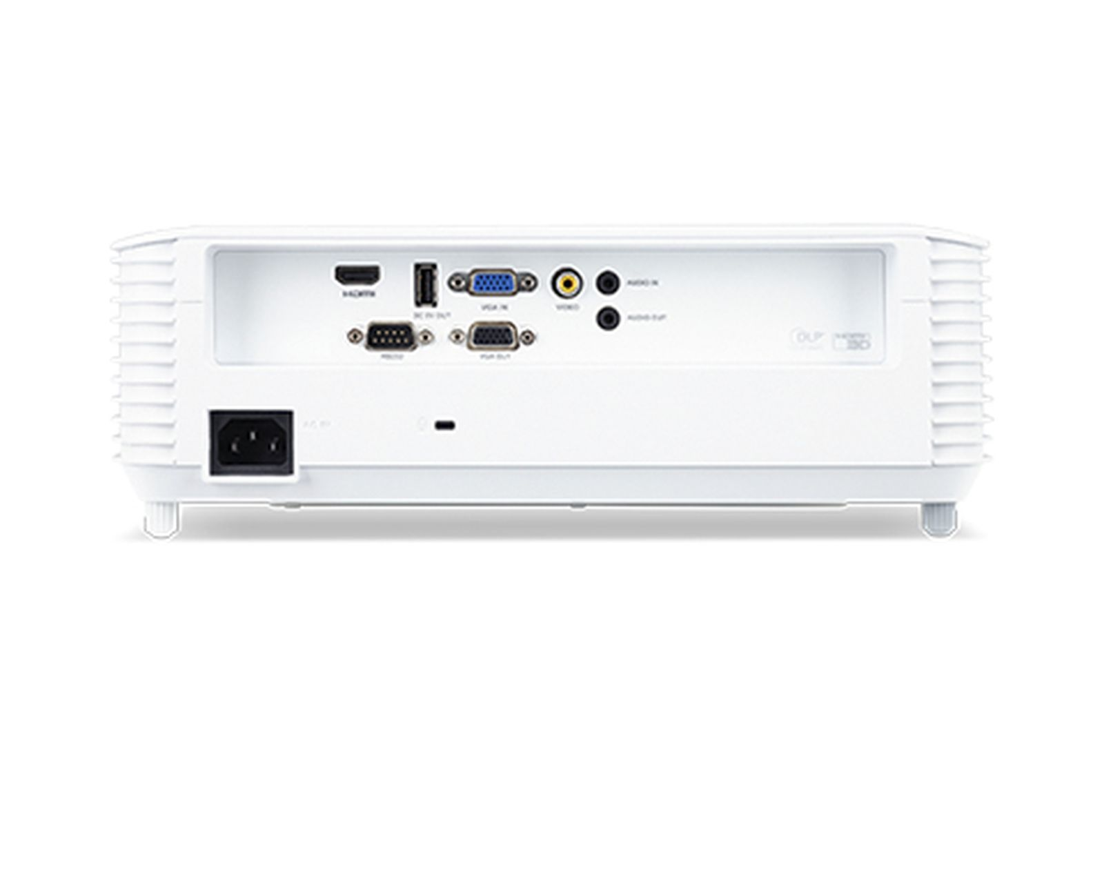 Vue arrière d'un projecteur blanc montrant les ports d'alimentation et d'entrée.