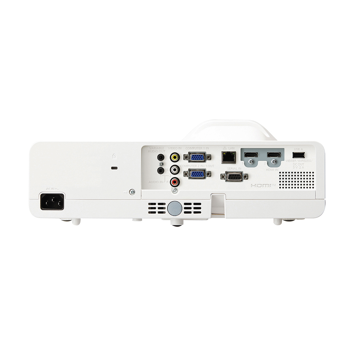 Retro di un proiettore bianco con porte, tra cui HDMI, e un ingresso di alimentazione.