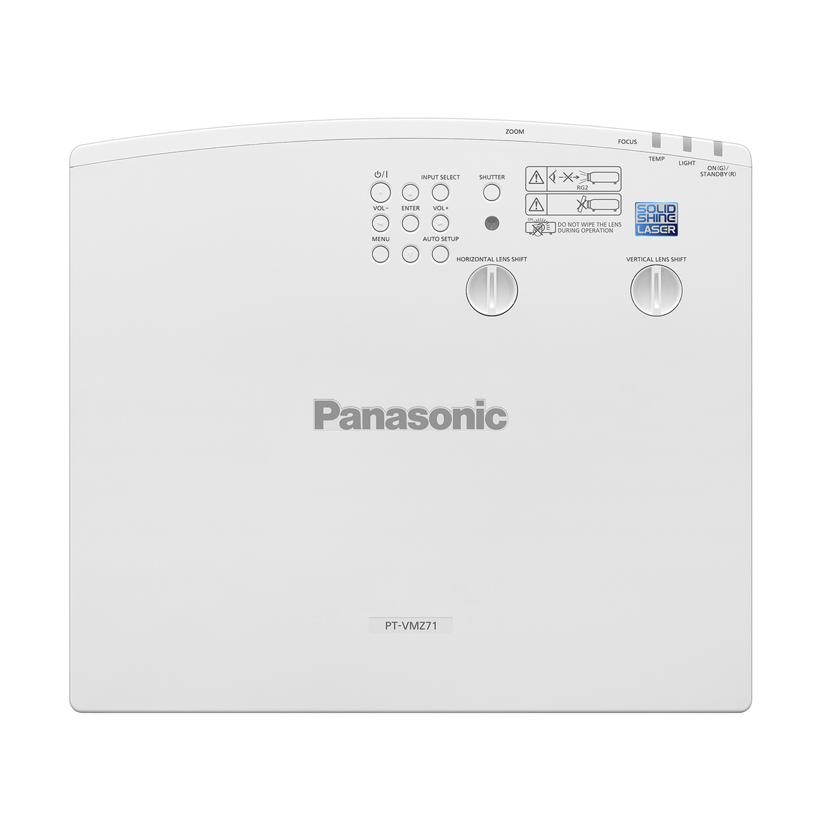 Weißes Panasonic-Projektor-Bedienfeld mit Tasten und Linseneinstellungen.