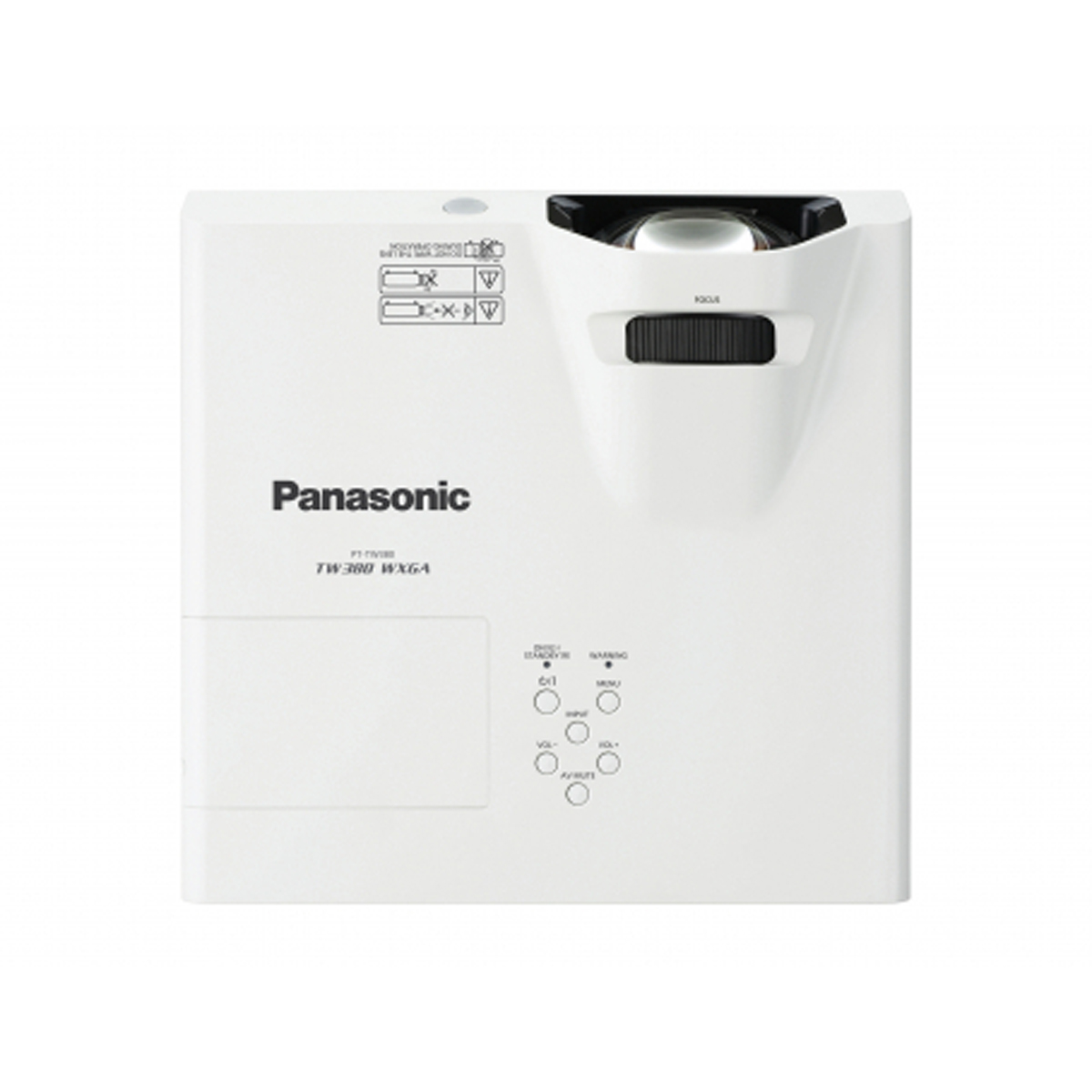 Proiettore Panasonic bianco, modello PT-TW380 WX64, con comandi.
