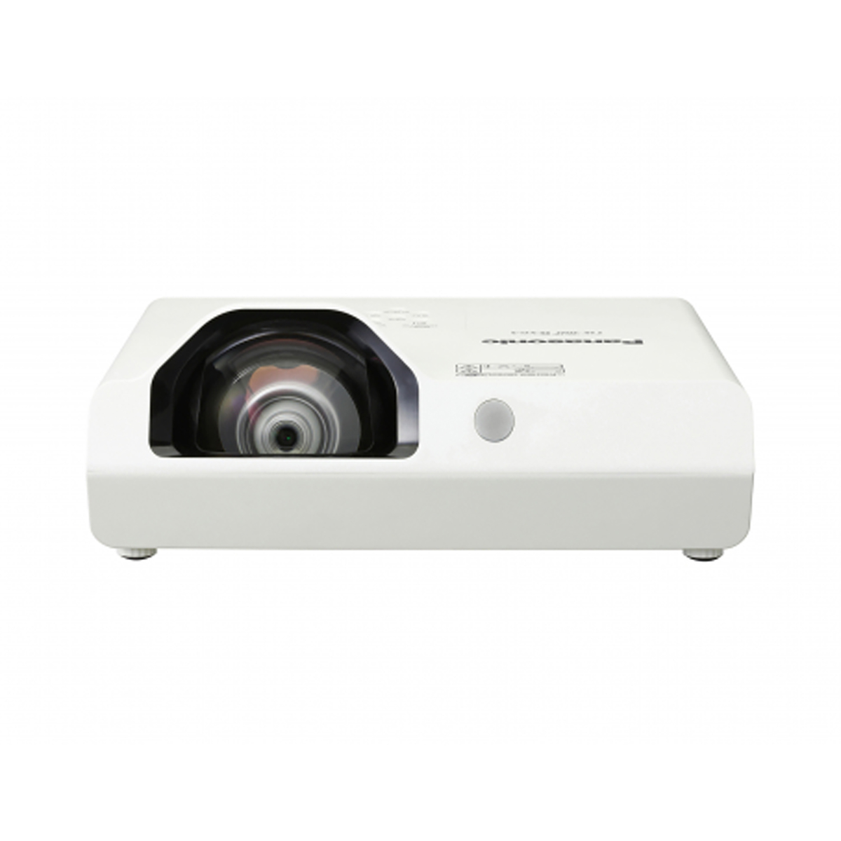 Proiettore bianco. L'obiettivo è visibile. Sono visibili un pulsante e il logo Panasonic.