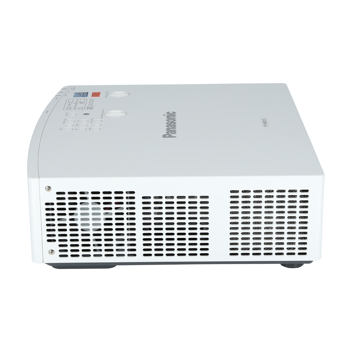 Biały projektor Panasonic z otworami wentylacyjnymi, przyciskami i marką.