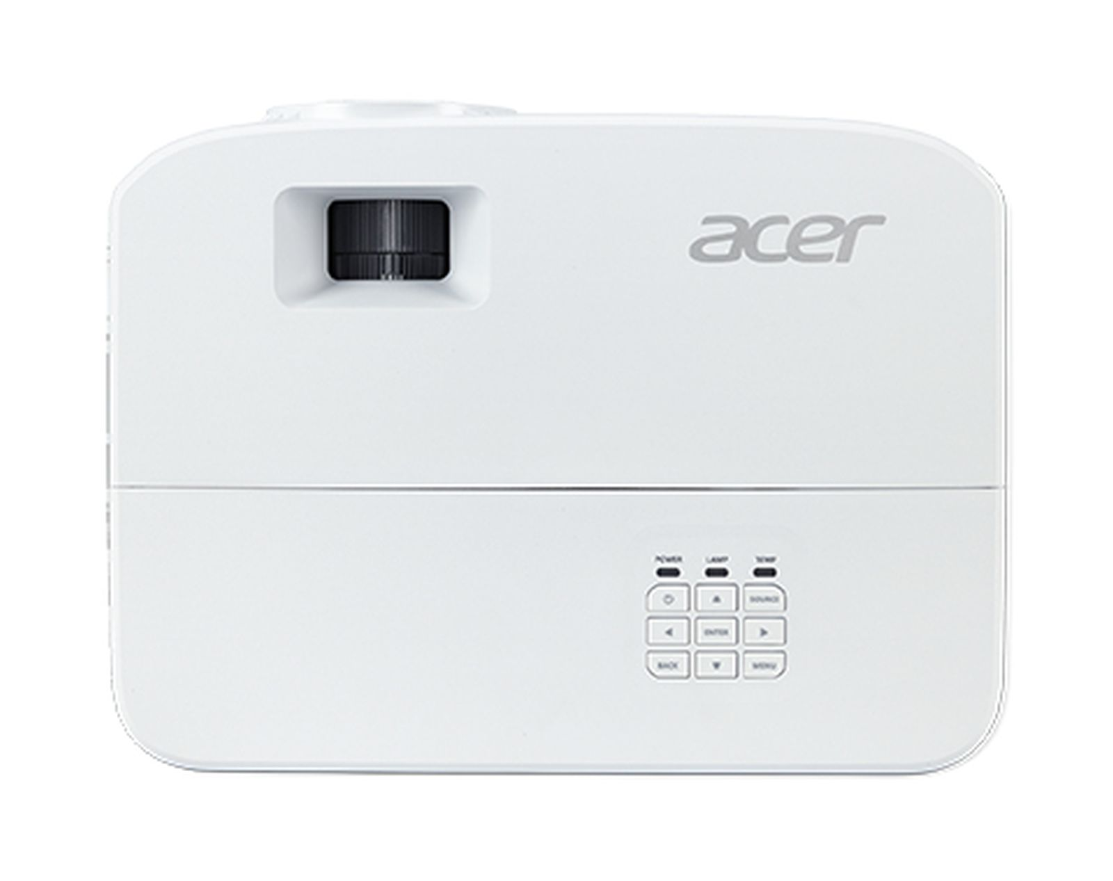 Ein weißer Acer-Projektor, Vorderansicht, mit Knöpfen unten, auf weißem Hintergrund.