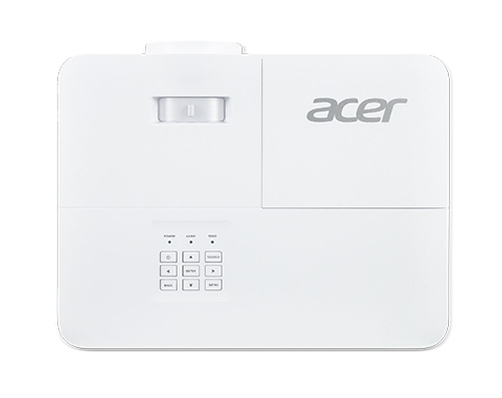 Biały projektor Acer z kontrolkami. Szare logo Acer po prawej.
