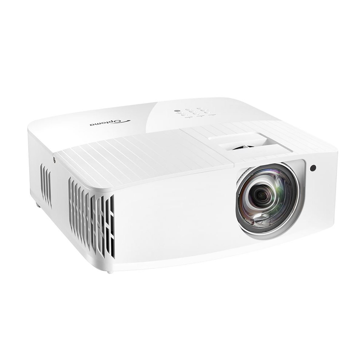 Proiettore Optoma bianco con obiettivo e ventilazione su sfondo bianco.