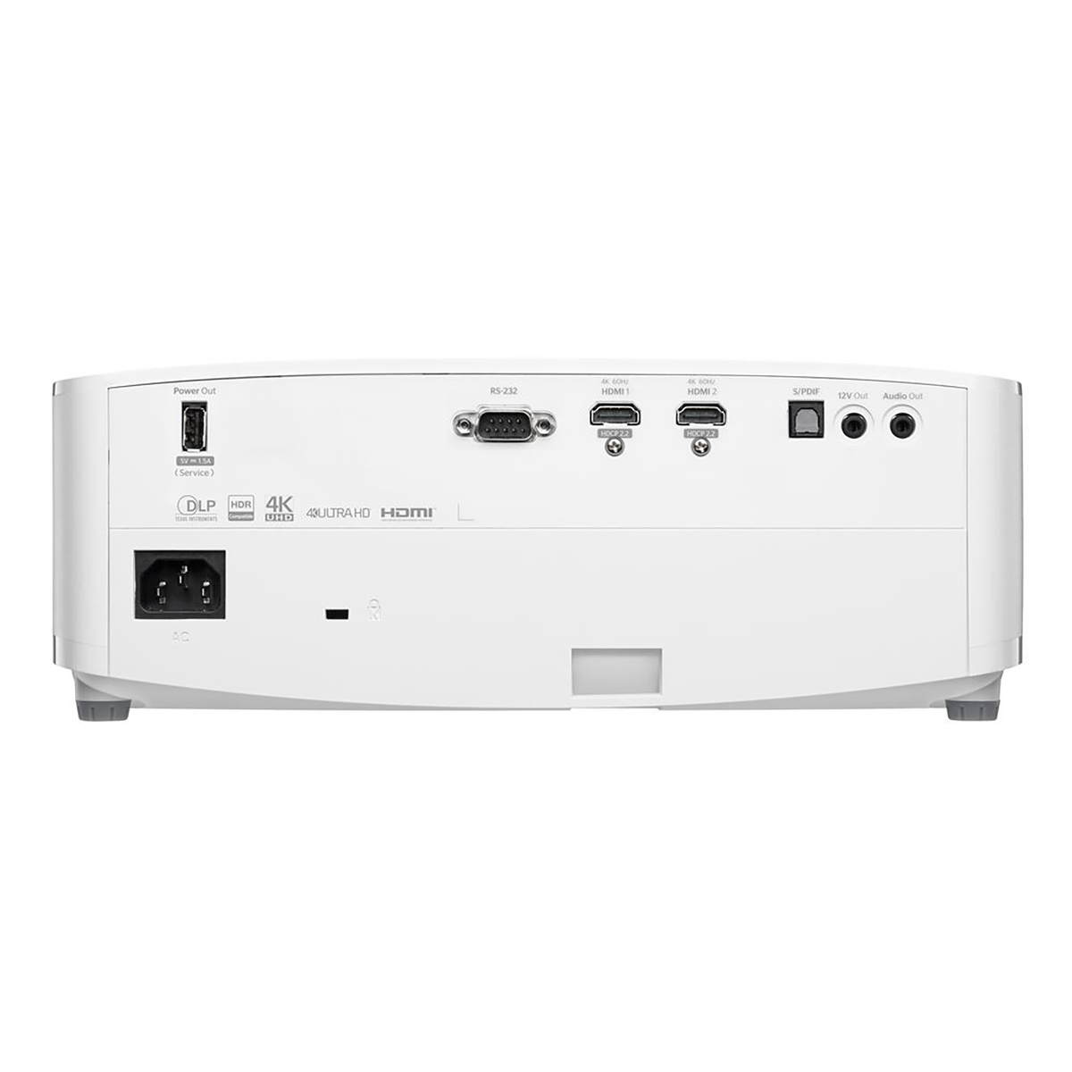 Retro di un proiettore bianco con porte. Include alimentazione, HDMI e altre opzioni.