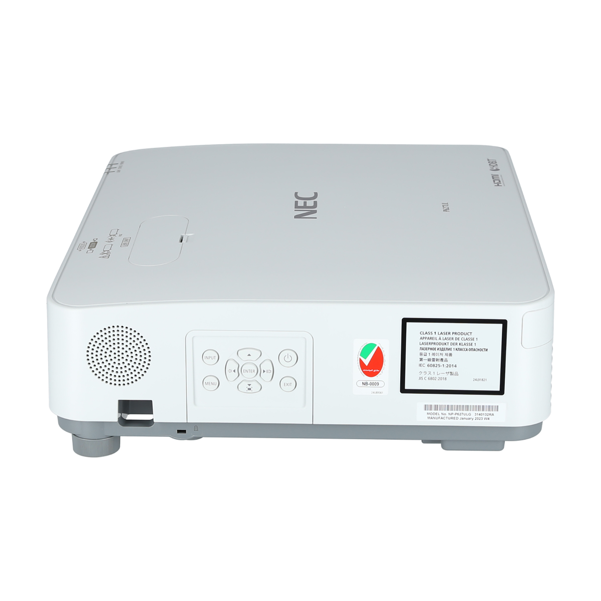 Biało-szary projektor NEC z widocznymi etykietami i zieloną naklejką z ptaszkiem.