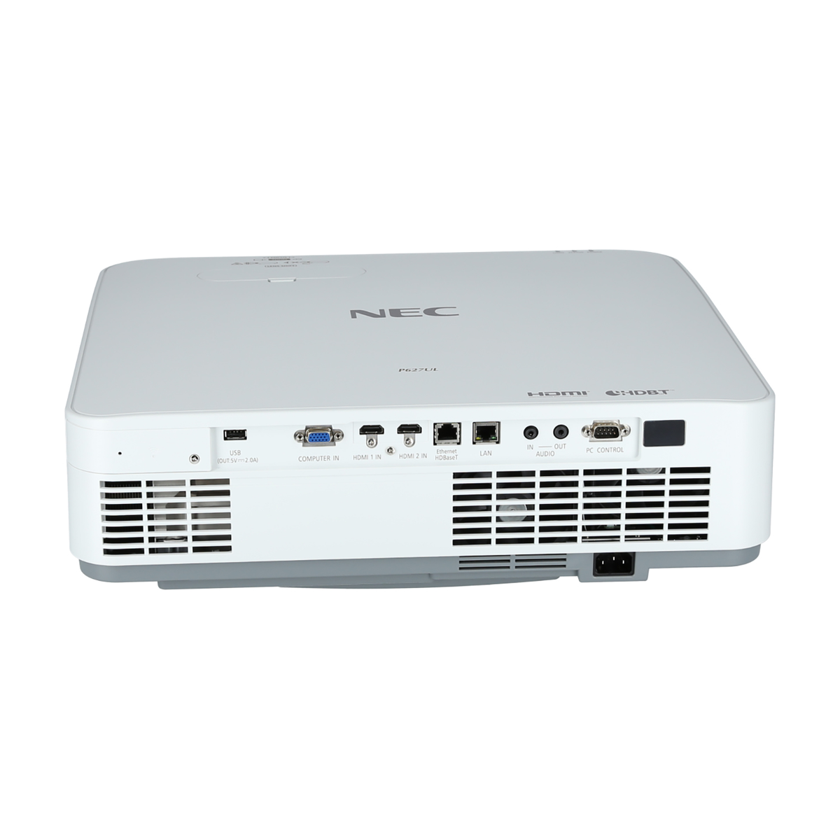 Biały projektor NEC z portami z tyłu. Widoczne porty HDMI, USB, LAN i inne.