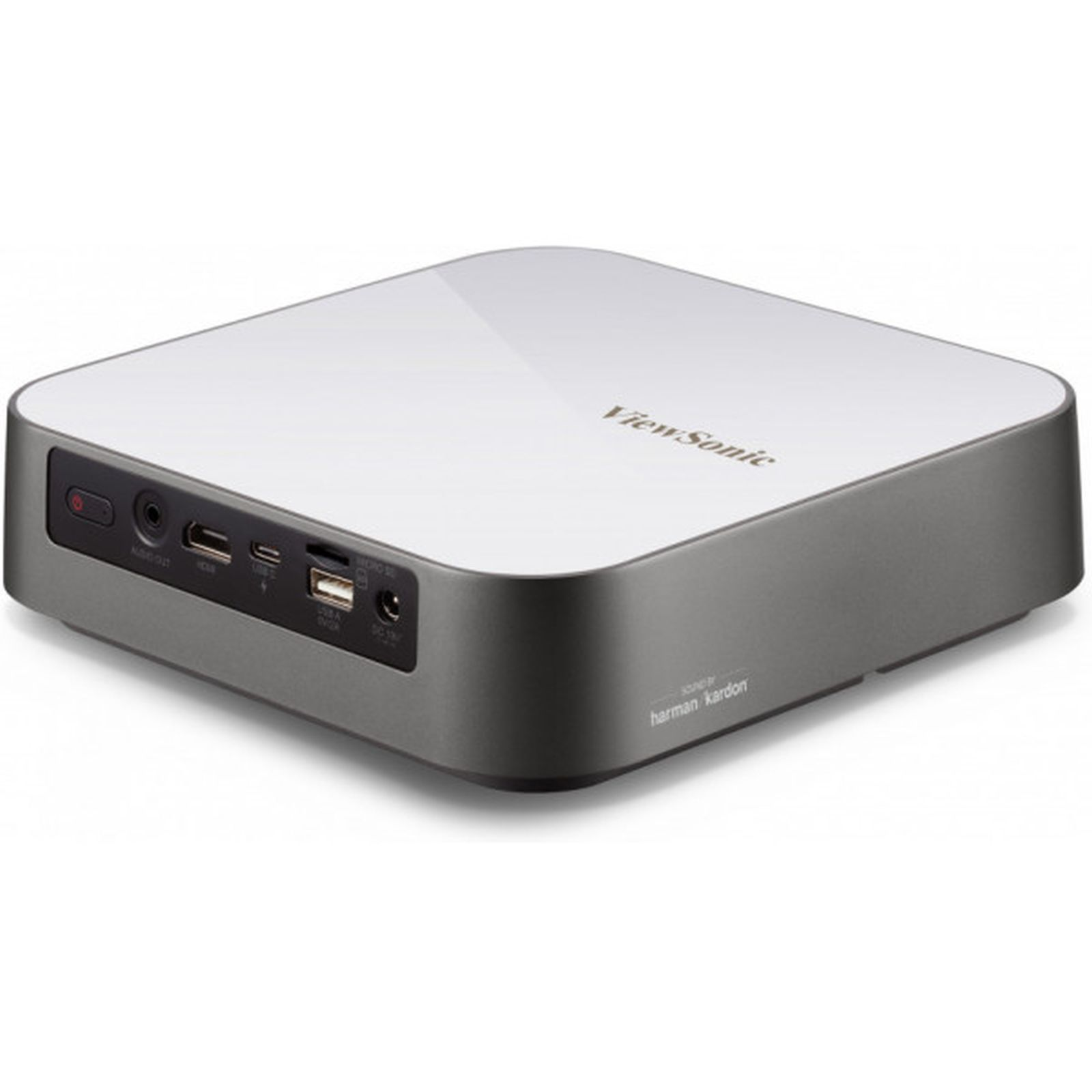 Dispositivo pequeño, blanco y gris con puertos y el logotipo de ViewSonic.