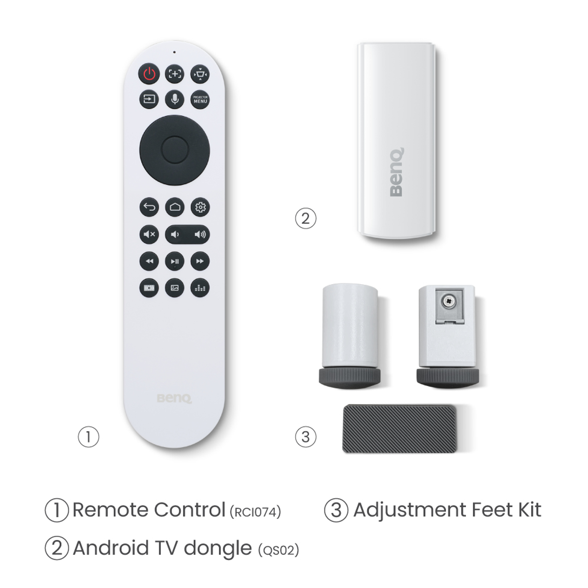 Pilot, dongle Android TV i zestaw stóp regulacyjnych. Wszystkie elementy są białe i markowe BenQ.