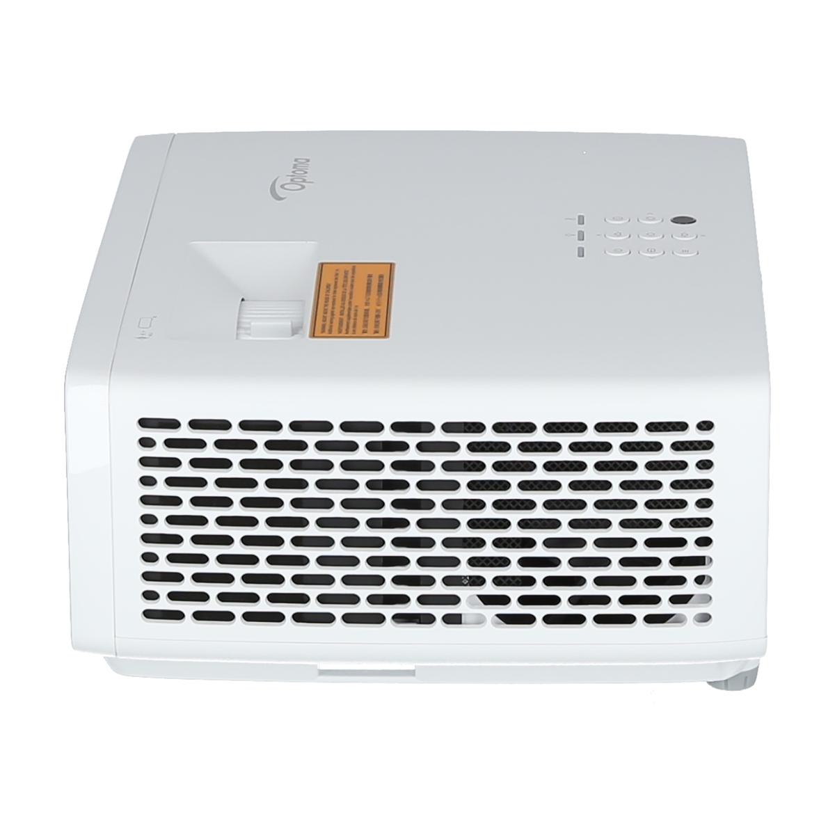 Biały projektor z przednimi kratkami wentylacyjnymi i przyciskami sterowania na górze.