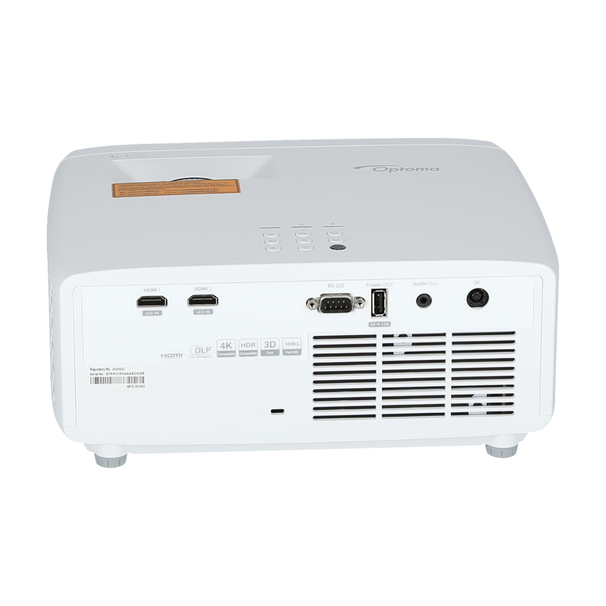 Biały panel tylny projektora Optoma z wejściami i wyjściami, w tym HDMI i RS-232.