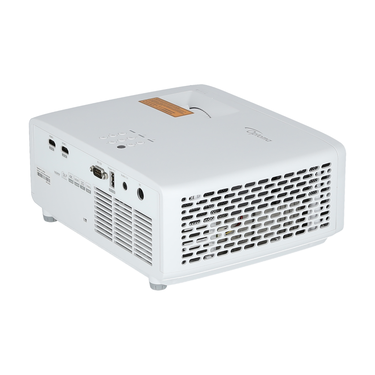 Biały projektor z otworami wentylacyjnymi i wejściami, na białym tle.