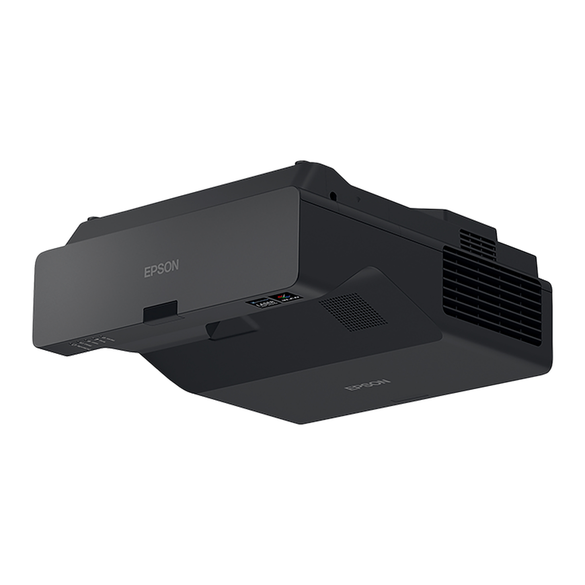 Czarny projektor Epson. Widoczne logo Epson. Zawieszony pod sufitem.