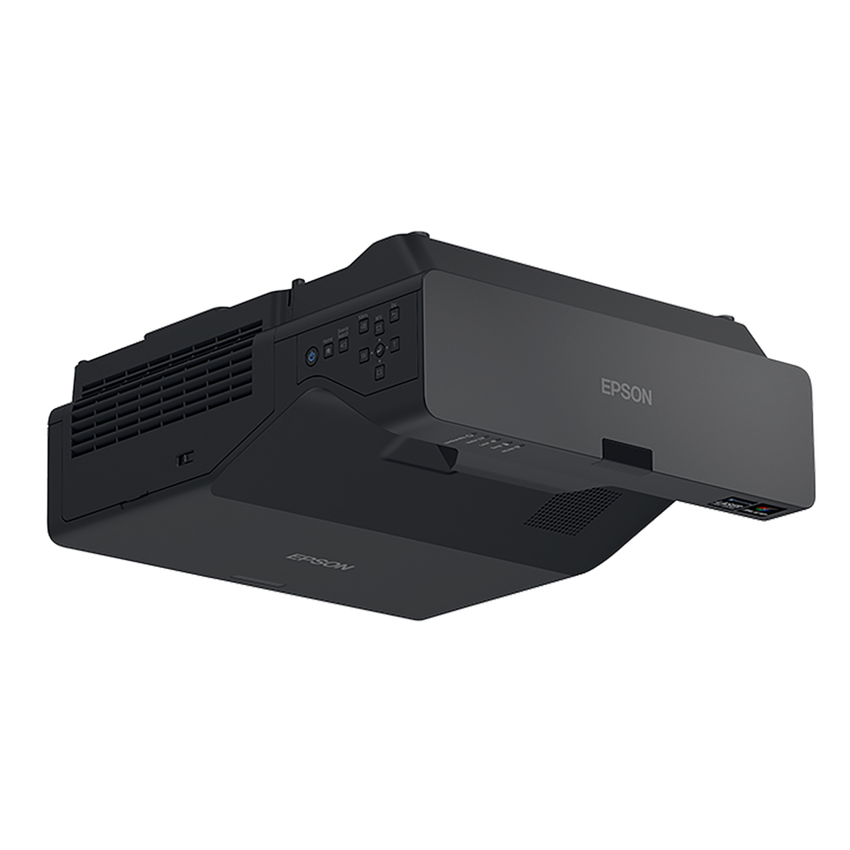 Czarny projektor Epson, zamontowany na suficie. Projektor ma obiektyw z przodu.