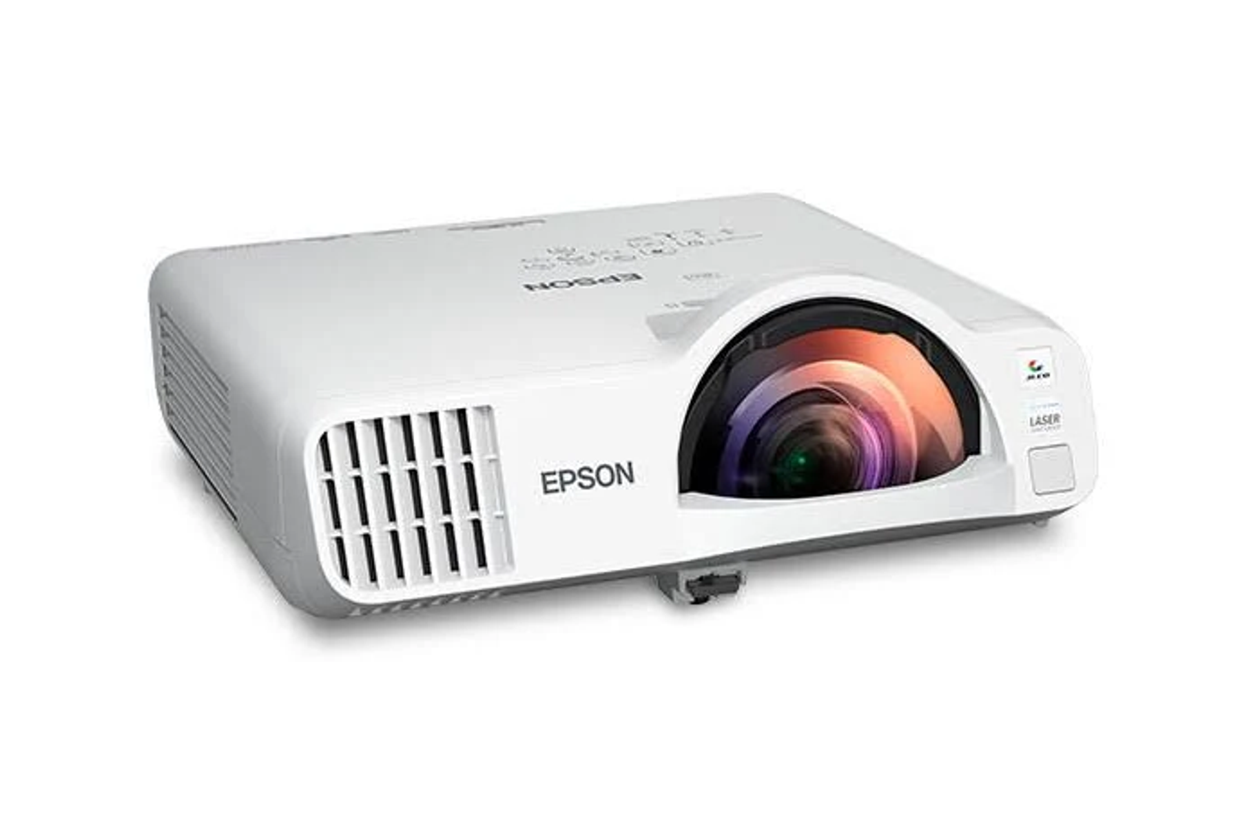 Proyector Epson blanco con lente y ventilación, sobre fondo blanco.