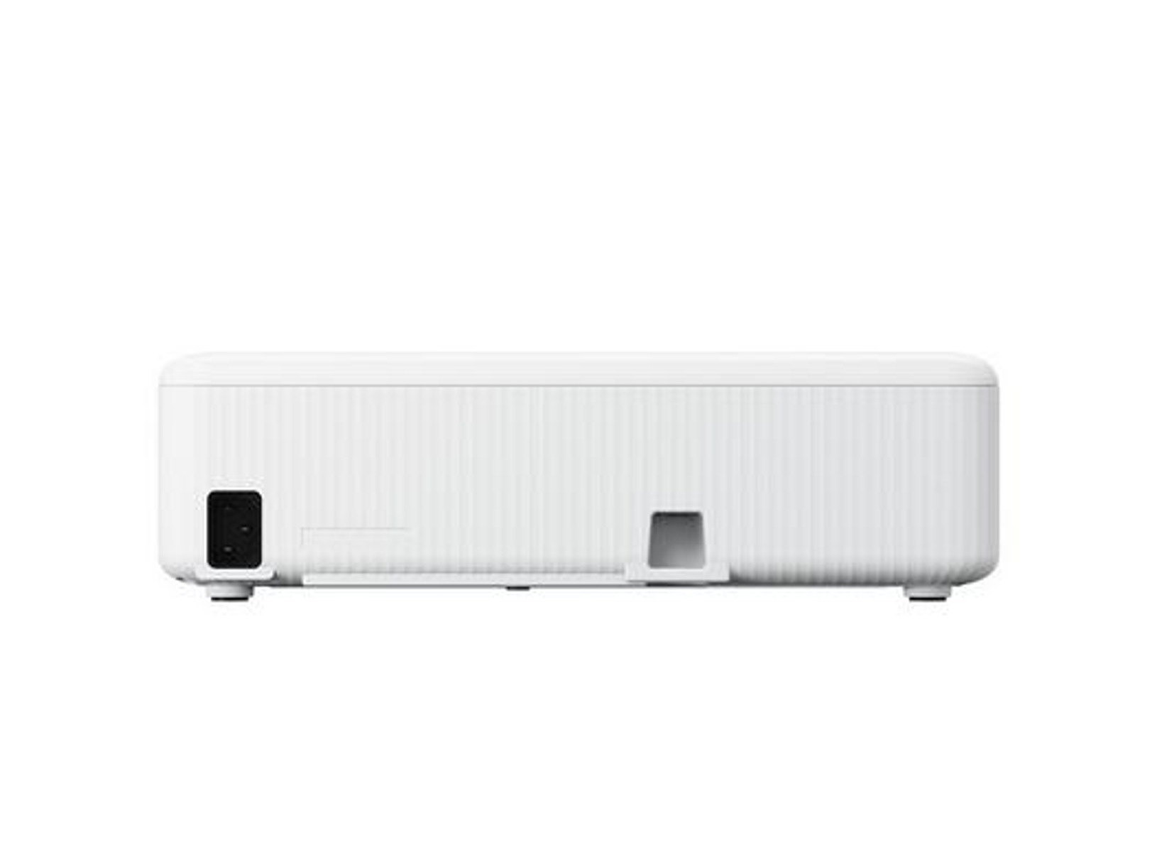 Projecteur blanc de forme rectangulaire. Il possède un panneau d'entrée/sortie sur le côté.