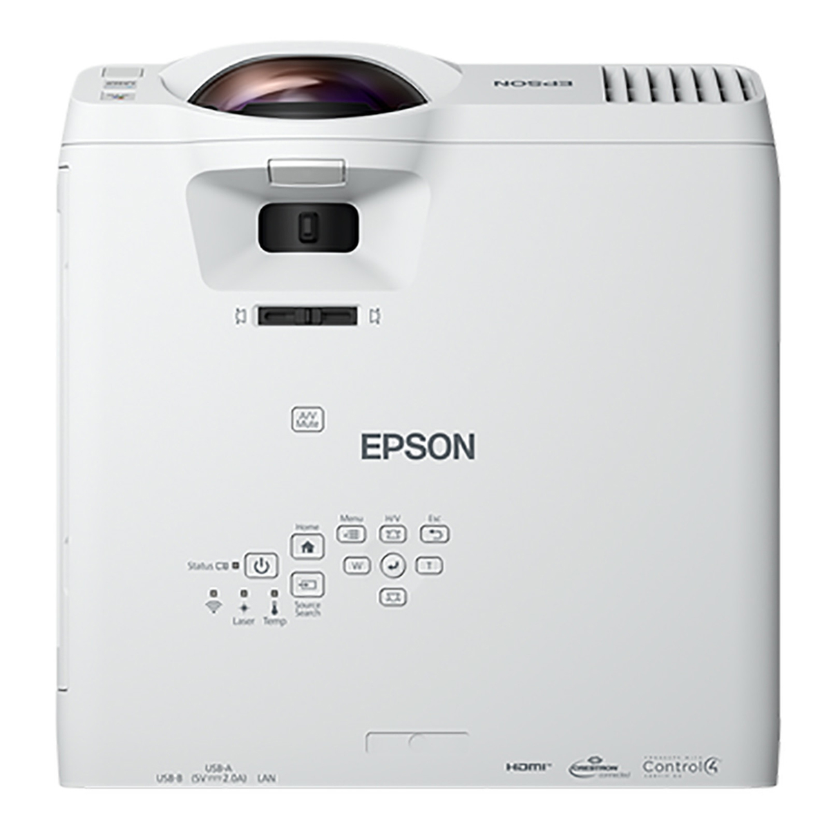 Frontal del proyector Epson blanco. Botones y lente visibles. Logotipo de Epson en el frente.