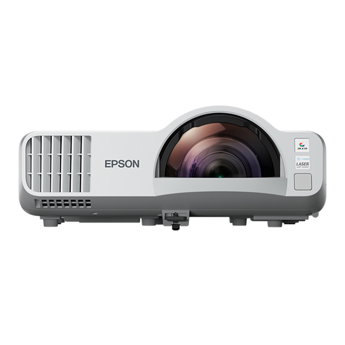 Proyector Epson, blanco y gris, con lente y ventilación, sobre fondo blanco.