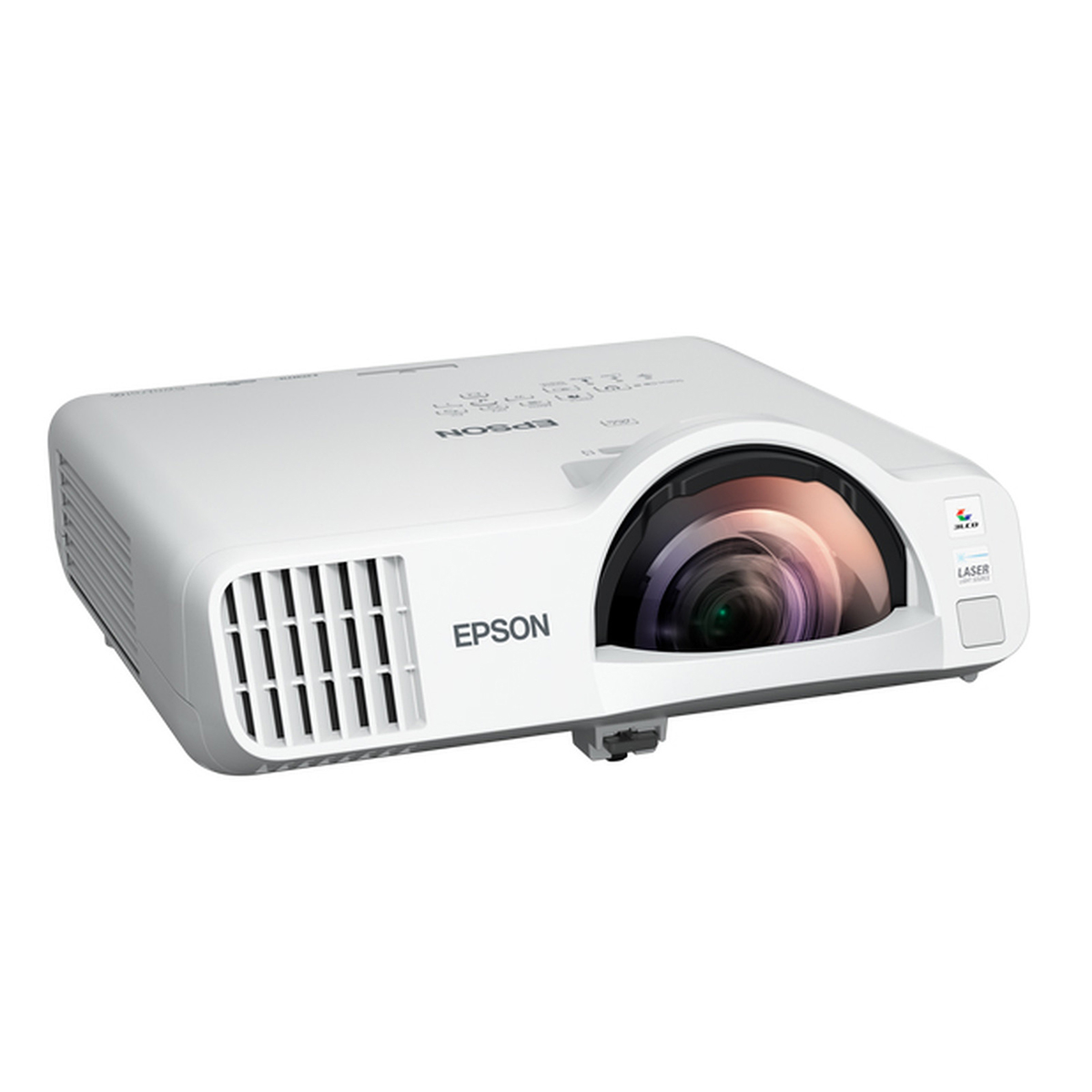 Proyector EPSON blanco, lente frontal, logo EPSON. Lado con ranuras y botón láser.