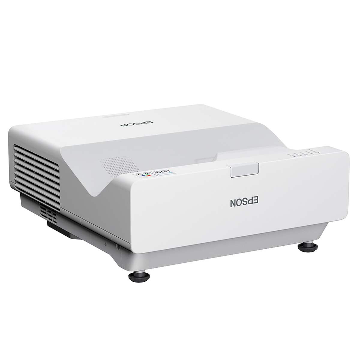 Biały projektor Epson. Logo Epson z przodu. Obiekt jest odizolowany na białym tle.