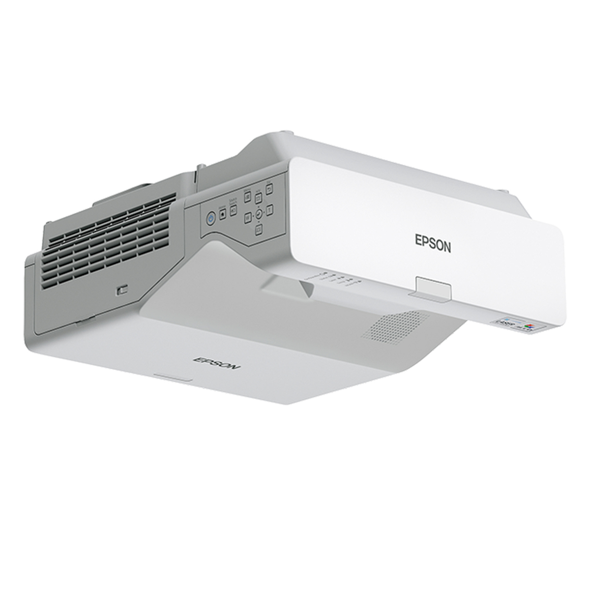 Projektor Epson na białym tle, z obiektywem, przyciskami i logo Epson.