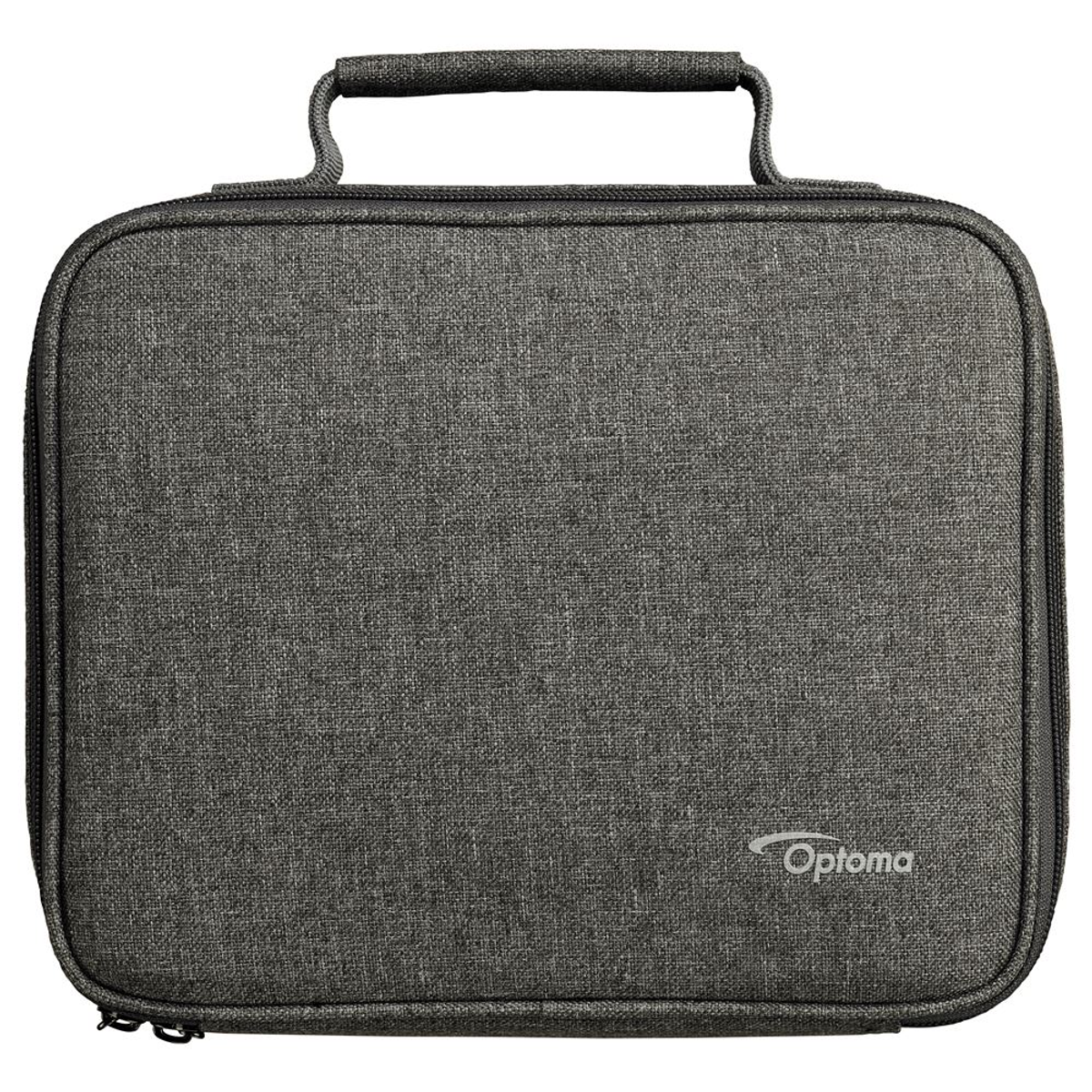 Szara torba transportowa do projektora Optoma z uchwytem i zamkiem błyskawicznym.