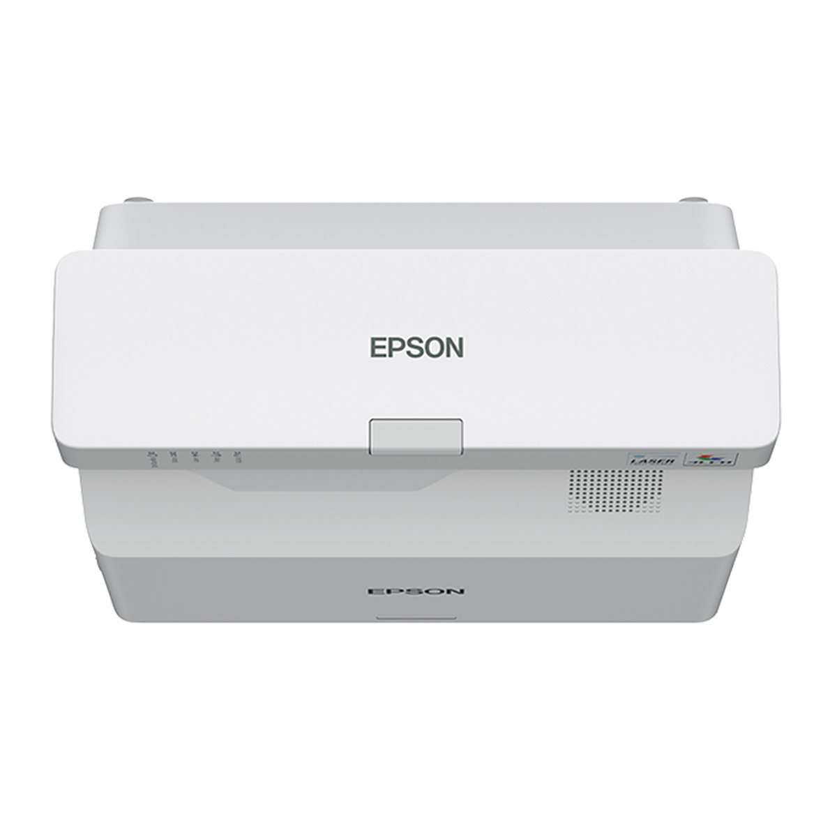 Biały projektor Epson z widoczną nazwą marki, widok z góry.