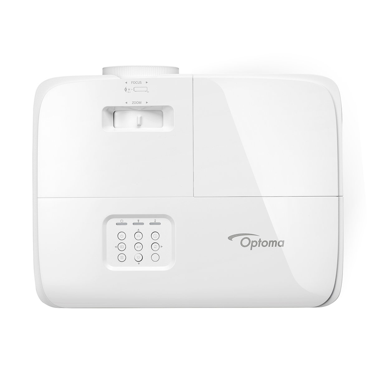 Proiettore bianco con lente, messa a fuoco e zoom. Logo Optoma sul lato.