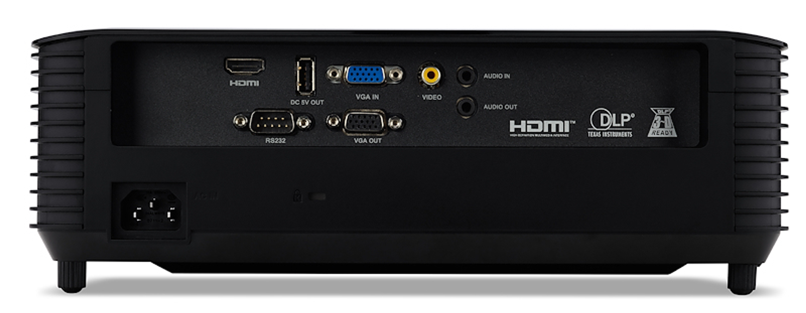 Czarny panel tylny projektora z różnymi portami: HDMI, VGA, audio.