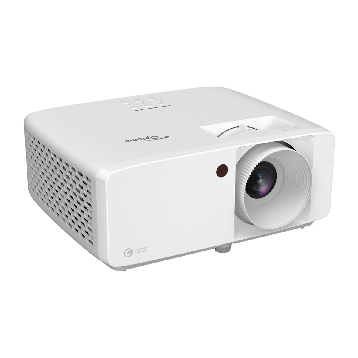 Biały projektor z obiektywem, czarnym logo Optoma i czerwonym światłem z boku. Na białym tle.