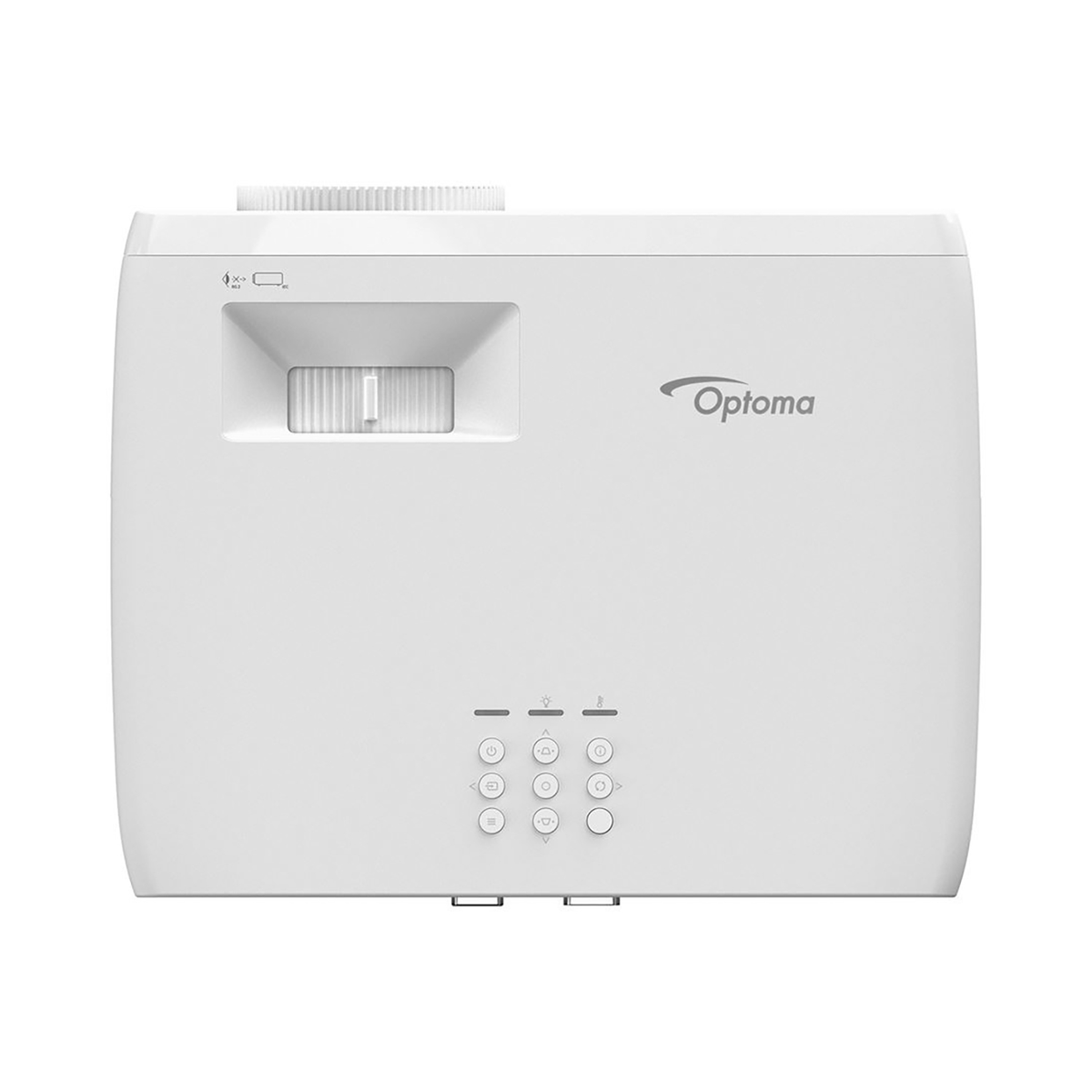 Biały projektor z przyciskami i logo Optoma z przodu.